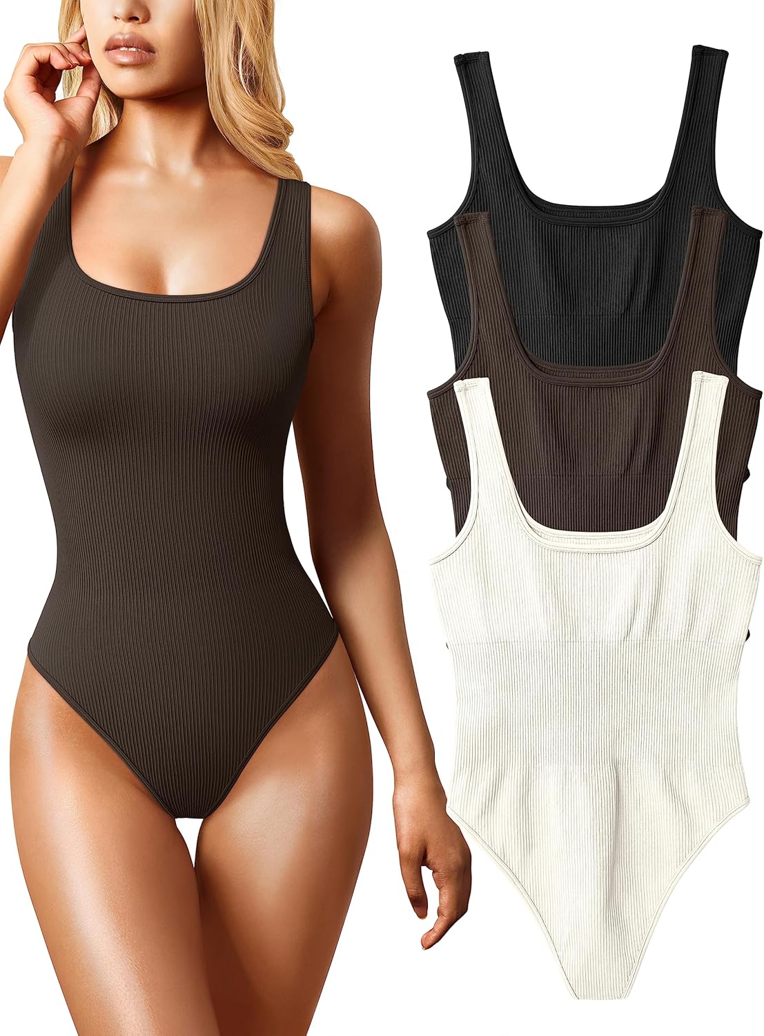 OQQ Women's 3 Piece Bodysuits Sexy Ribbed Sleeveless Square Neck Sleeveless Tank...