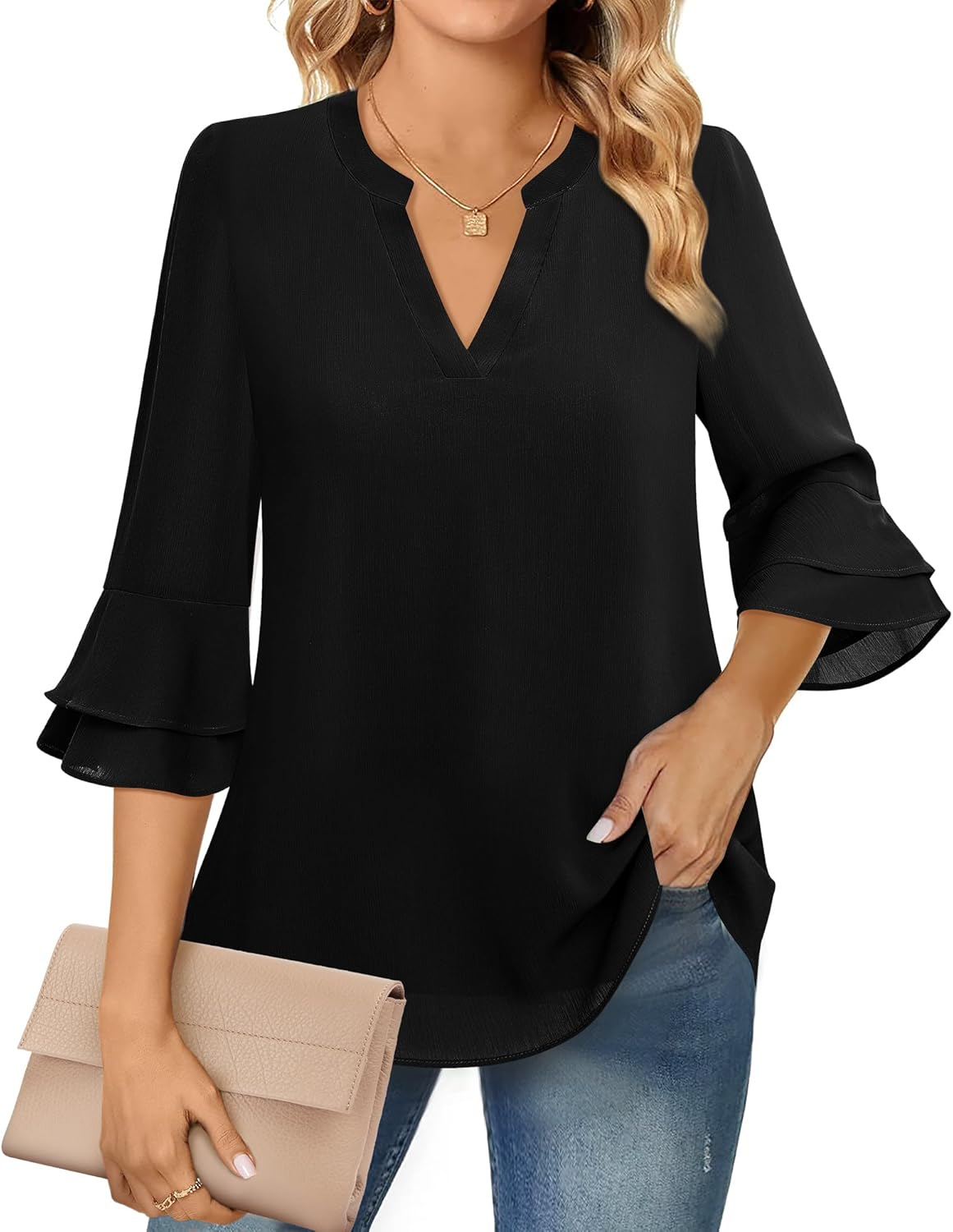 Lotusmile Womens Tops Dressy Casual 3/4 Tiered Bell Sleeve Blouses Double Layere...