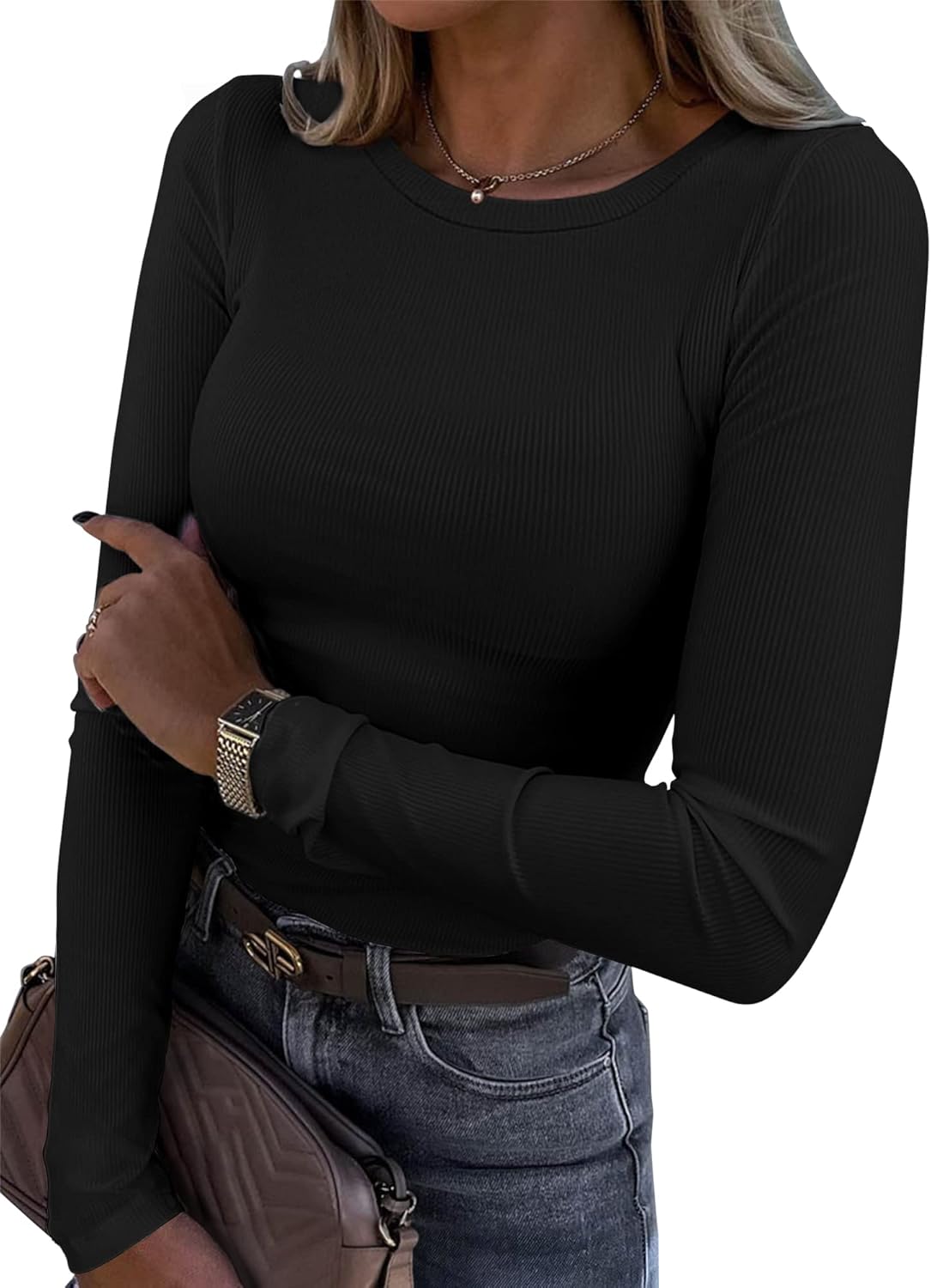 Roselux Womens Long Sleeve T-Shirt, Special Stretch Crewneck Ribbed T-Shirt, Inn...