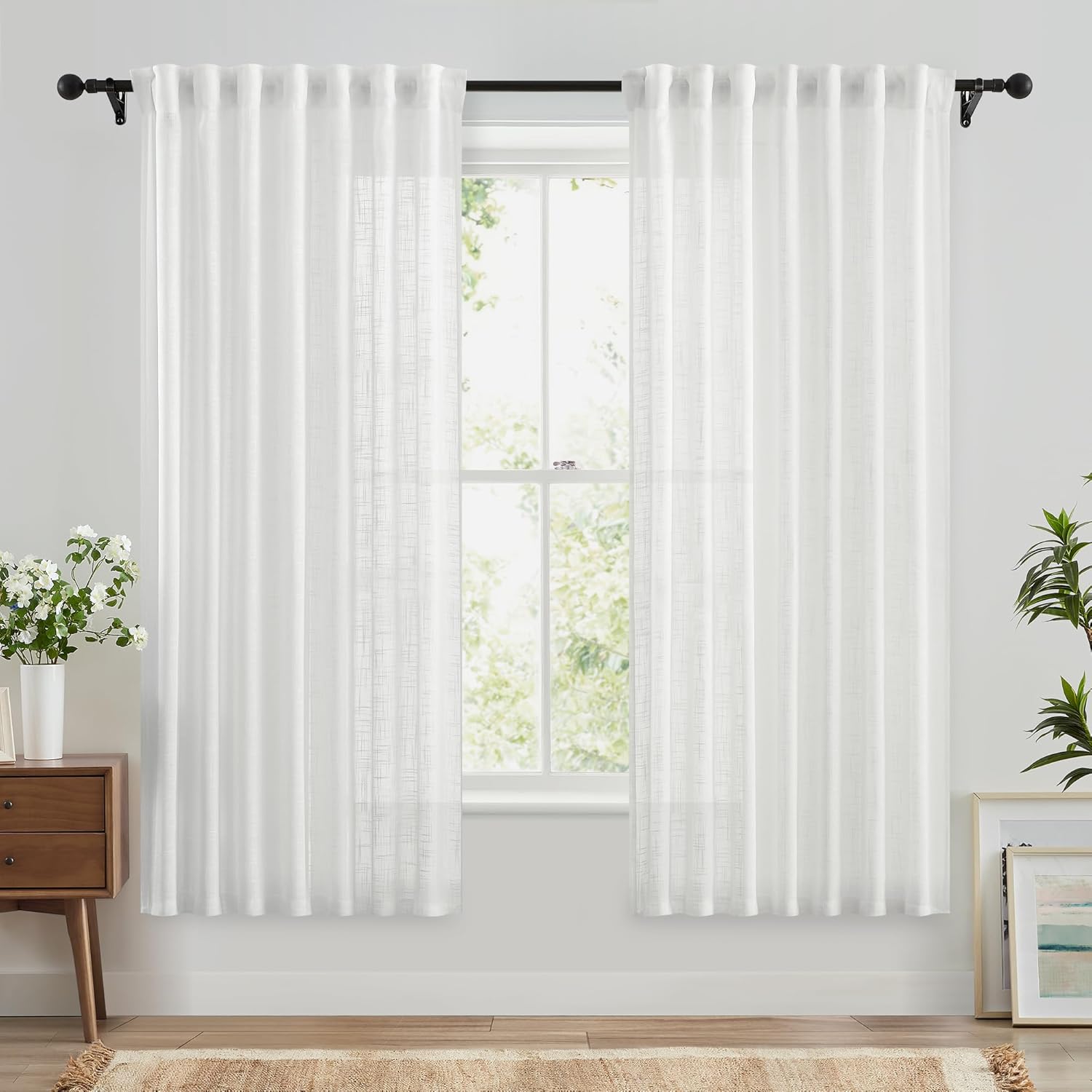 FMFUNCTEX Linen Semi Sheer Curtains 63 Inch Length for Bedroom, White Pinch Plea...