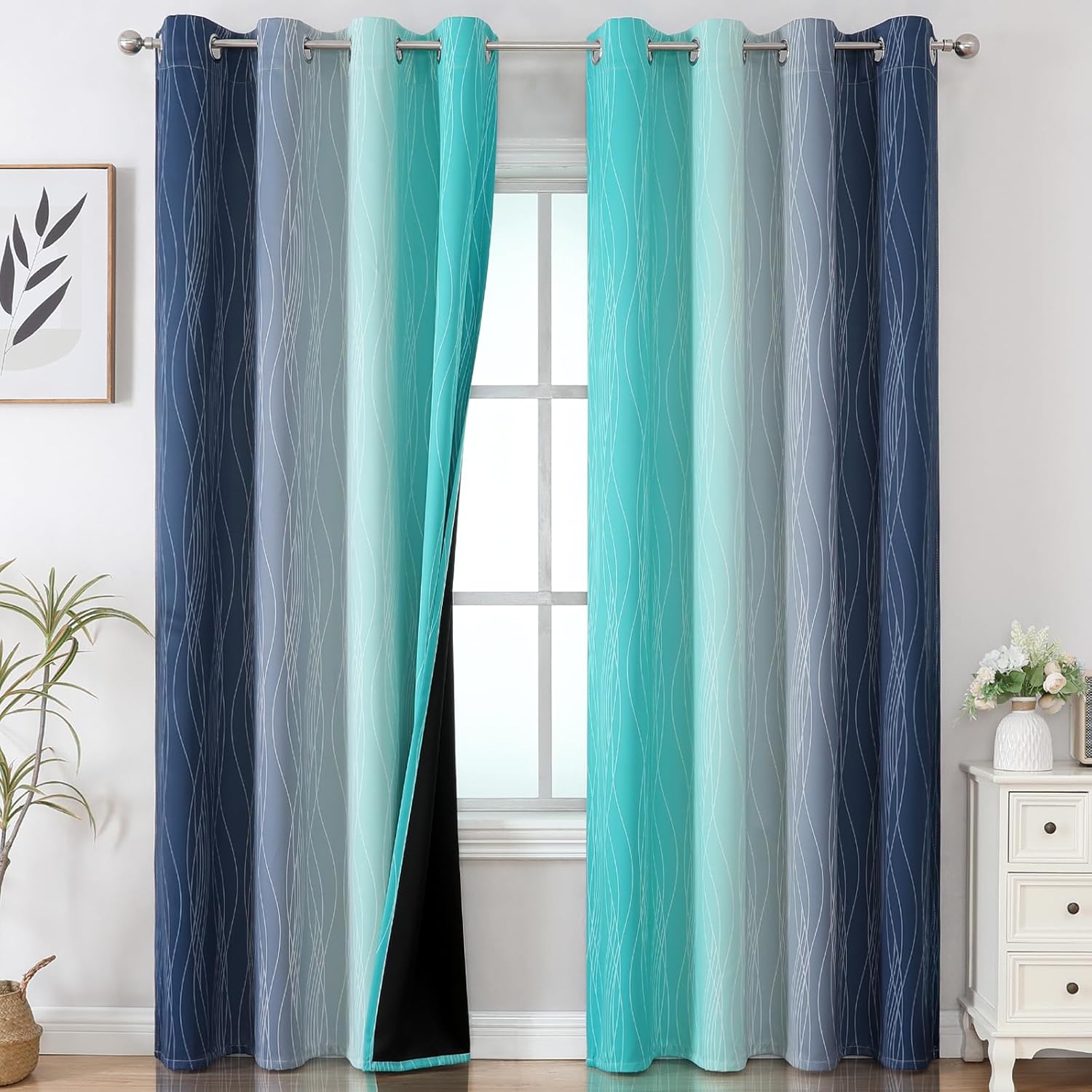 Estelar Textiler Navy Blue and Teal Gradient Blackout Curtains for Bedroom, Ther...