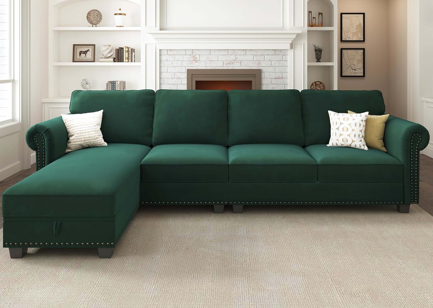 Nolany Velvet Sectional Sofa, L Shaped Sectional Couch with Reversible Chaise Co...