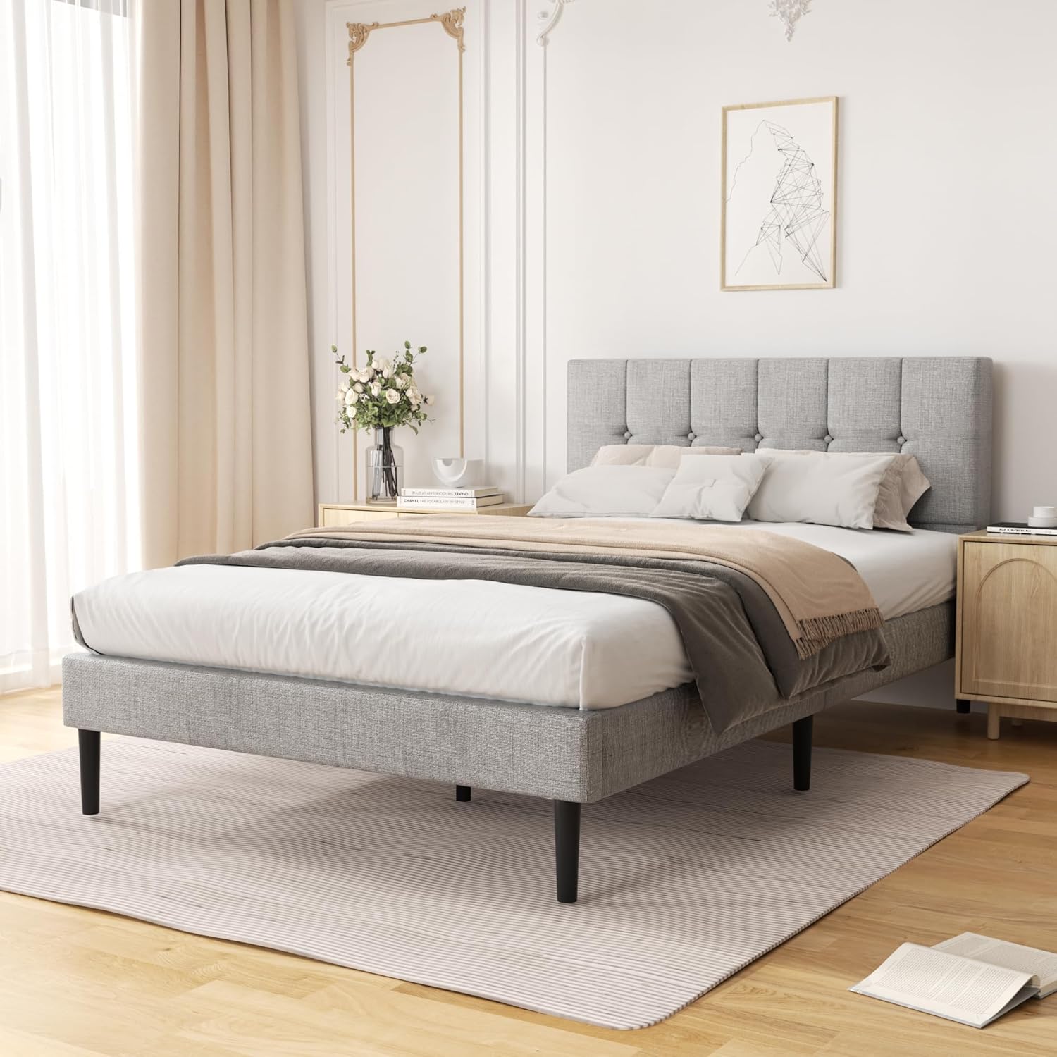 Full Size Platform Bed Frame with Upholstered Headboard, Modern Bed with Wooden...