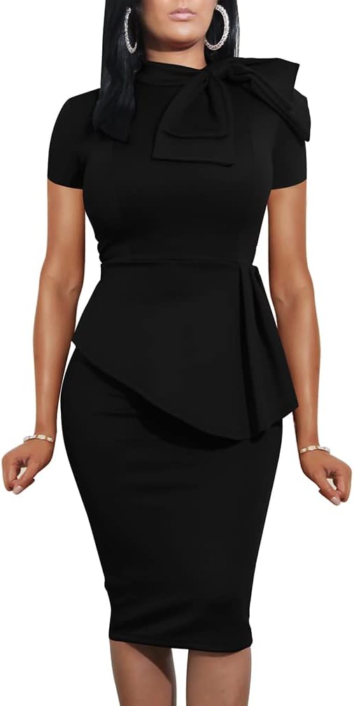 LAGSHIAN Women Fashion Peplum Bodycon Short Sleeve Bow Club Ruffle Pencil Party...