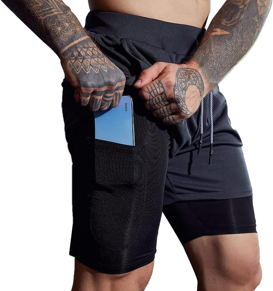 JWJ Men's 2 in 1 Workout Running Shorts 7 Inch Lightweight Athletic Gym Shorts w...
