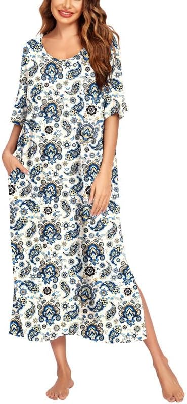 Ekouaer Long Nightgown for Women Short Sleeve Sleepwear Plus Size Loungewear wit...