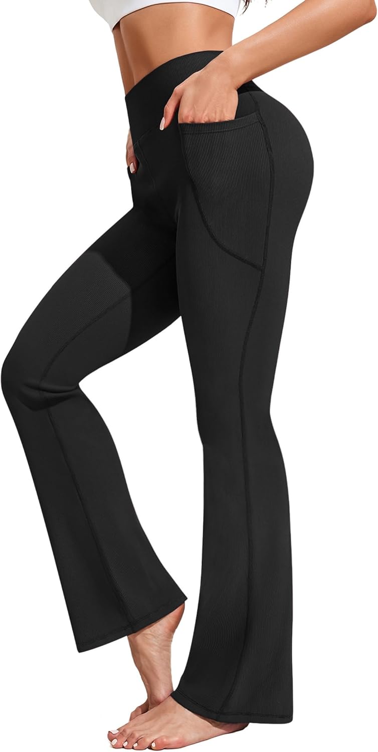 PINSPARK Womens Flare Yoga Pants, Special Ribbed Bootcut Leggings, Innovative Hi...