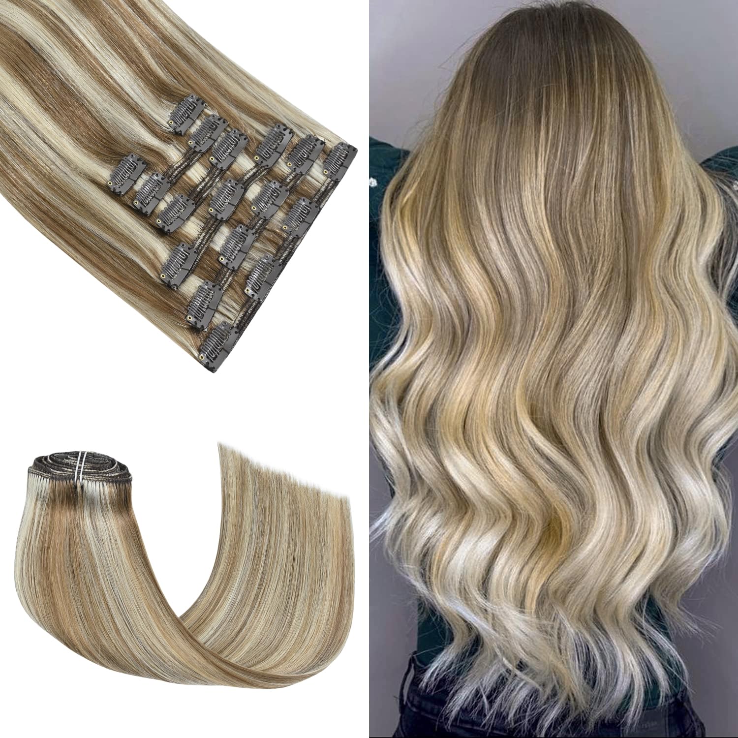 Honsoo Remy Human Hair Extensions Clip Ins Ash Blonde To Platinum Blonde 100g 12...