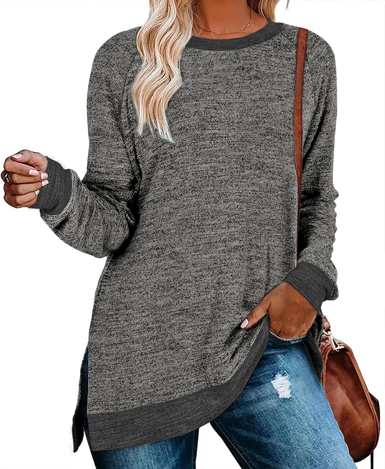 WELINCO Womens Crewneck Pullovers Color Block Long Sleeve Side Split Tunic Tops...