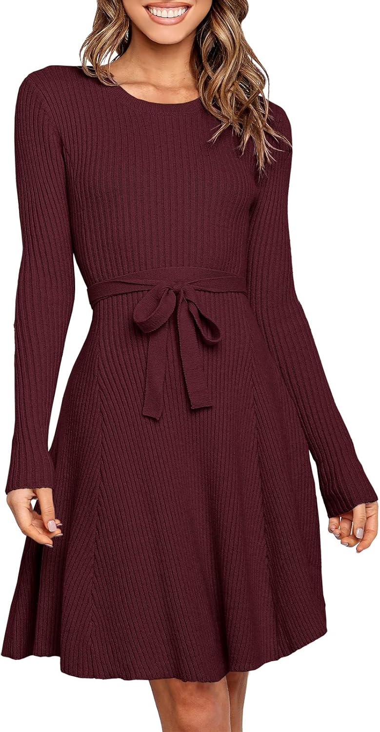 ANRABESS Women's Long Sleeve Midi Dress Crewneck Tie Waist A-Line Swing Casual B...
