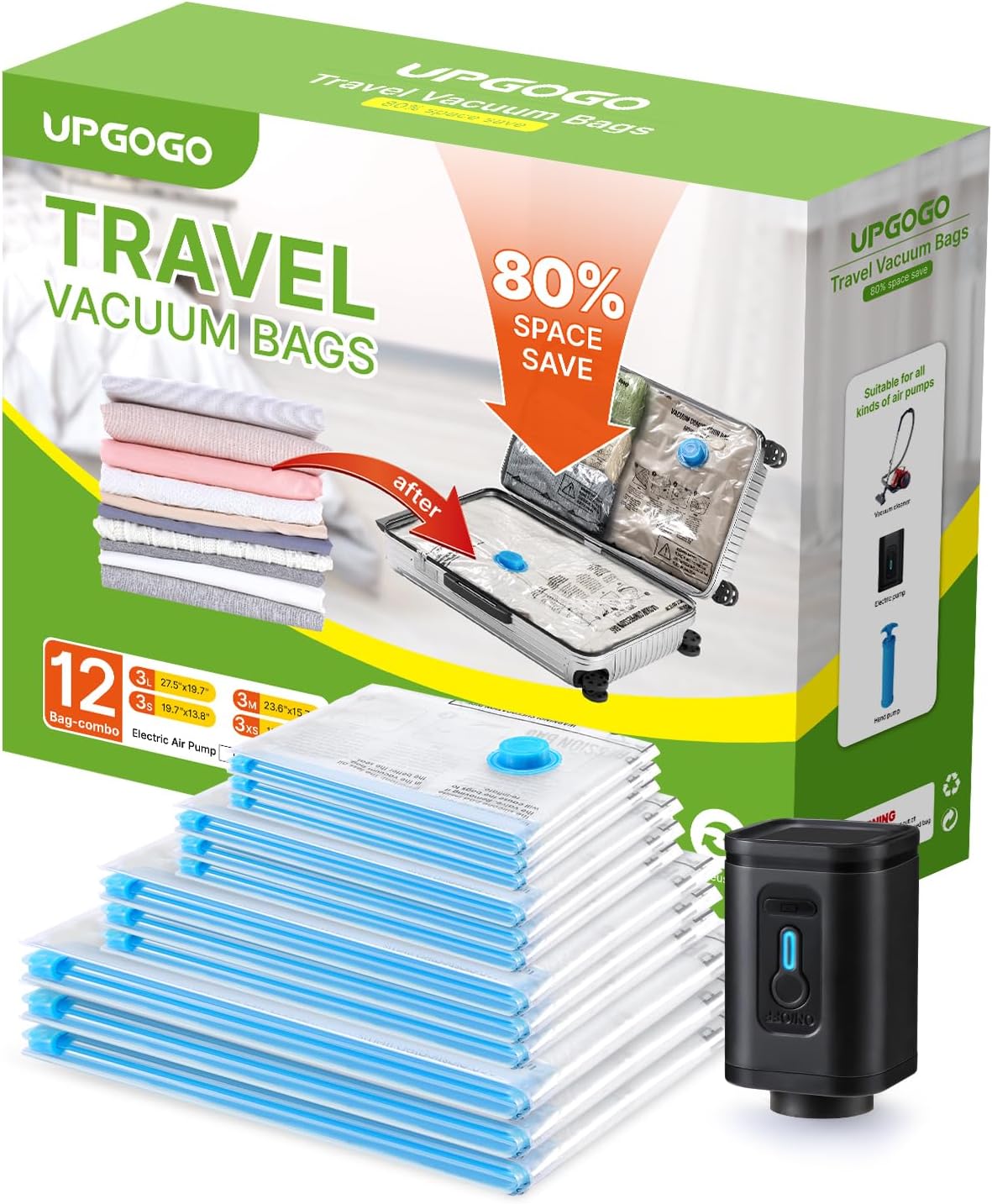 Combo 12 Pack Travel Vacuum Bags with Prtable Electric Pump,Vacuum Seal Bags for...