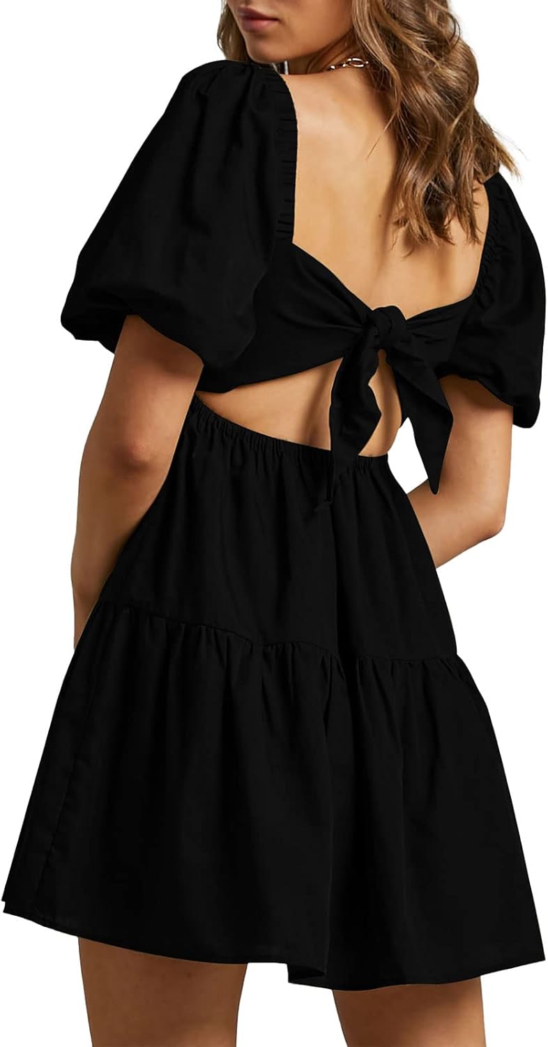 OWNGIGI Women's Summer Dress Square Neck Puffy Short Sleeve Loose Tie Back Casua...