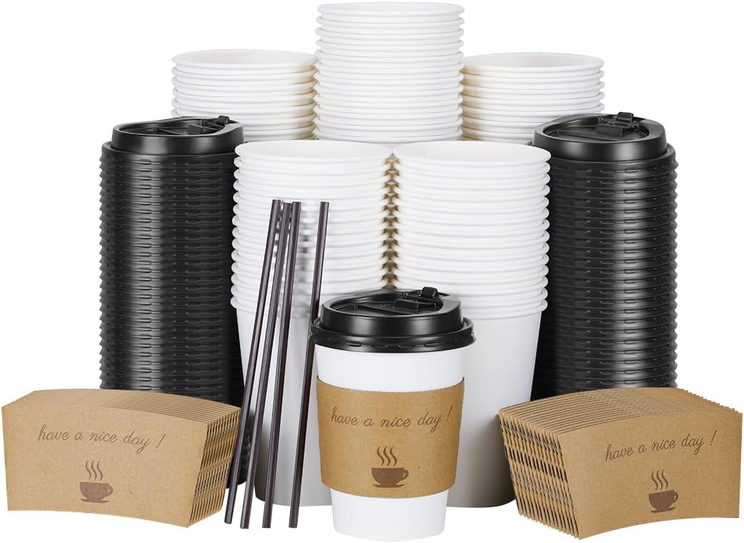 100 pack 12 oz Disposable Thickened Coffee Cups with Lids, Scald Resistant Hot C...