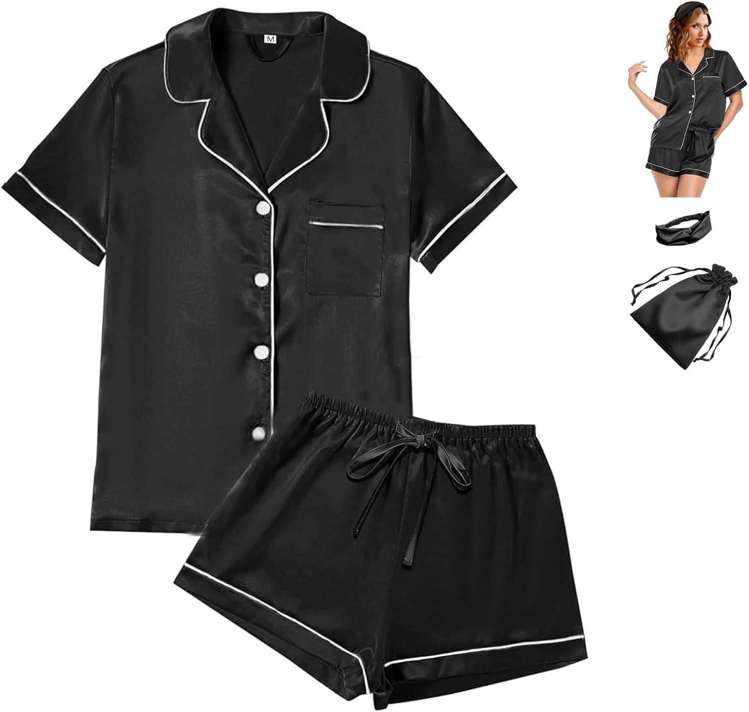 4Pcs Womens Satin Silky Pajama Sets Short Sleeve Shirt XS-4XL Floral Pajamas Set...