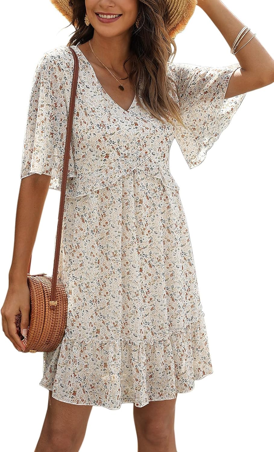 Manydress Women's Chiffon Floral Print Dress, Special V Neck Casual Mini Boho Ru...
