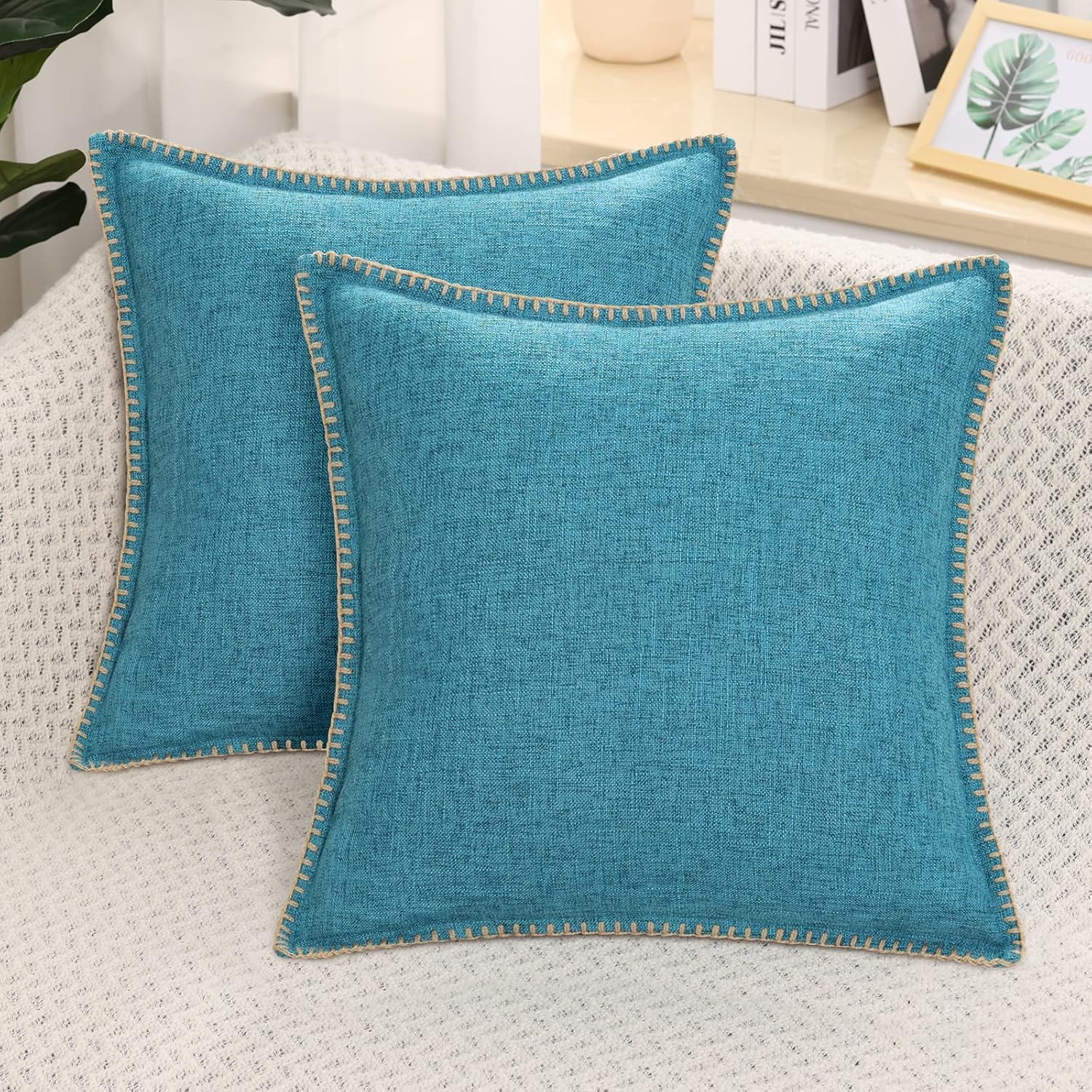 decorUhome Set of 2 Linen Cushion Covers 45X45cm,Decorative Outdoor Plain Vintag...