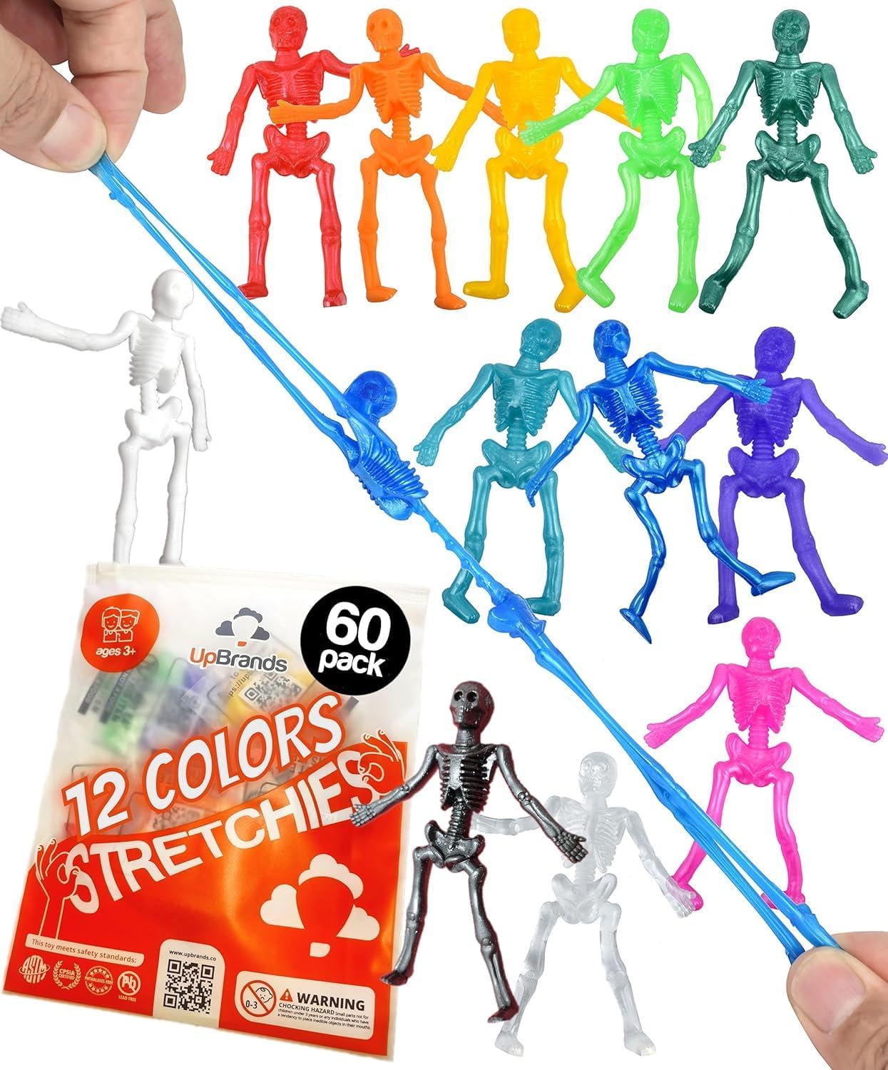 UpBrands 60-Pack Stretchy Skeleton Toys - 12 Vibrant Colors, Bulk Halloween Part...
