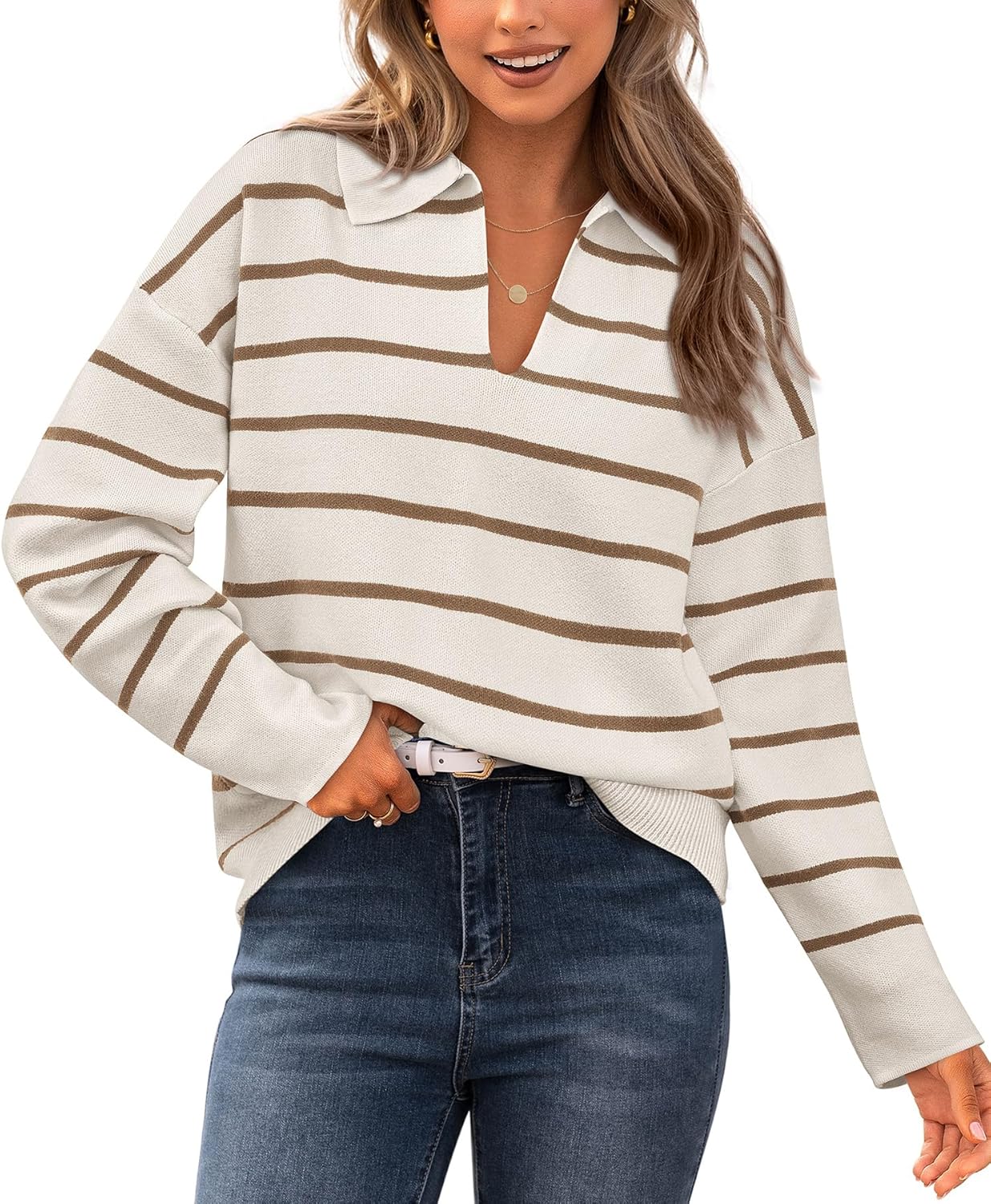 CFLONGE Women's Casual Striped Pullover Sweater, Special Long Sleeve Polo V Neck...