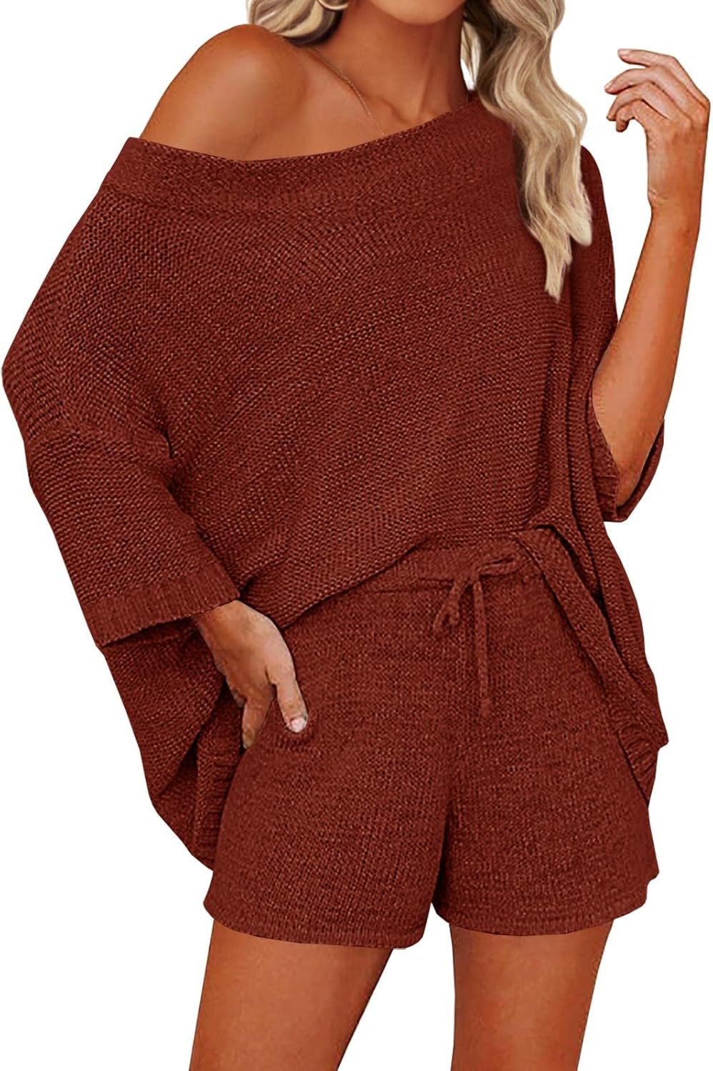 Mafulus Women's 2 Piece Outfits Sweater Sets Off Shoulder Knit Top Shorts Matchi...
