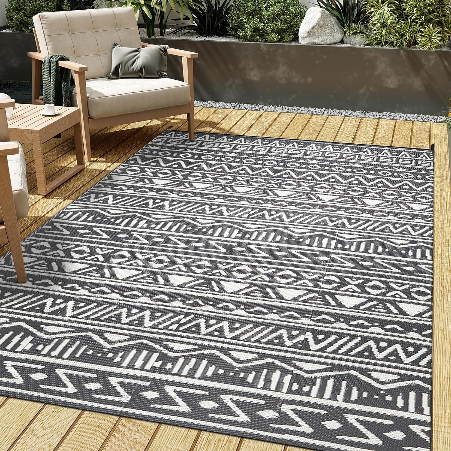 Outdoor Plastic Straw Rug Boho Waterproof Indoor Grey Outdoor Patio Rug 6x9 Carp...