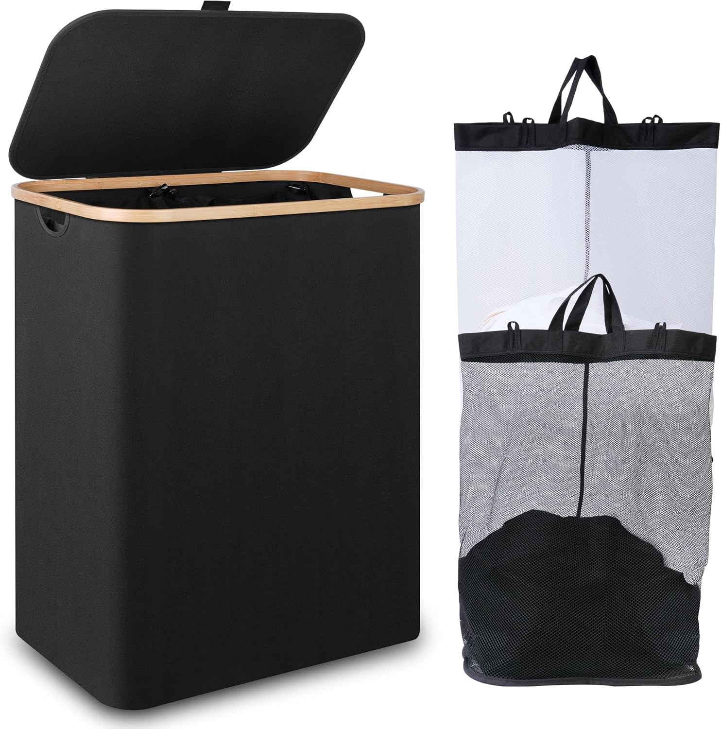 150L Laundry Basket with Lid,Large Laundry Hamper with Bamboo Handles, Black Ham...