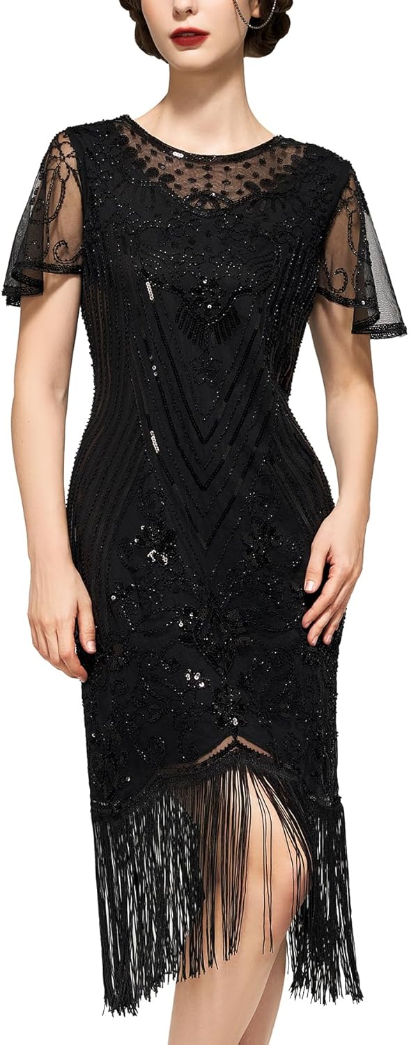 SWEETV Flapper Dresses 1920s Dresses for Women,Crew Neck Great Gatsby Dresses wi...
