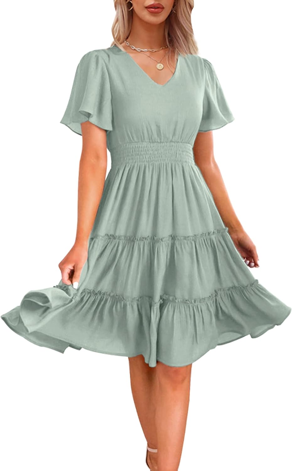 Zattcas Women 2024 Short Sleeve Summer Dress V Neck Smocked Waist Casual Flowy A...
