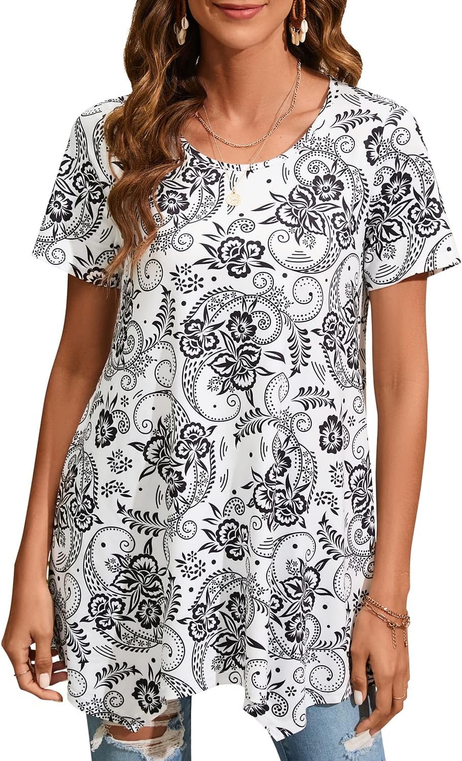 ENMAIN Tunic Tops for Women Plus Size Short Sleeve Top Loose Fit Dressy Casual S...