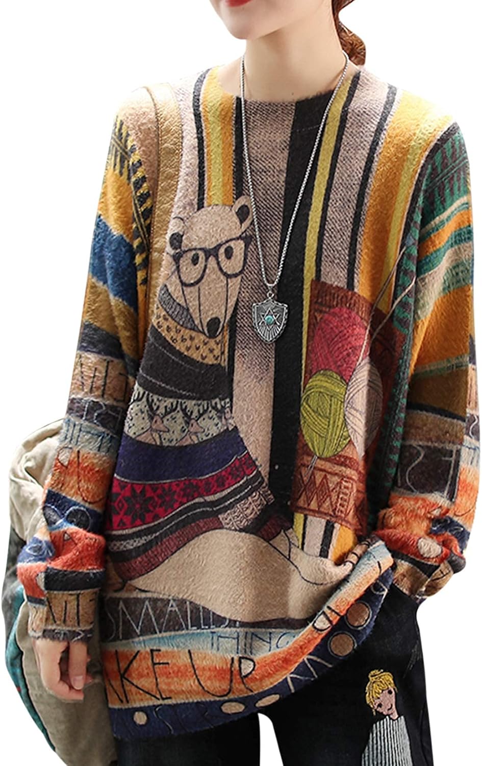 YESNO Women Ugly Christmas Sweater Graphic Printed Oversized Pullover Sweaters C...