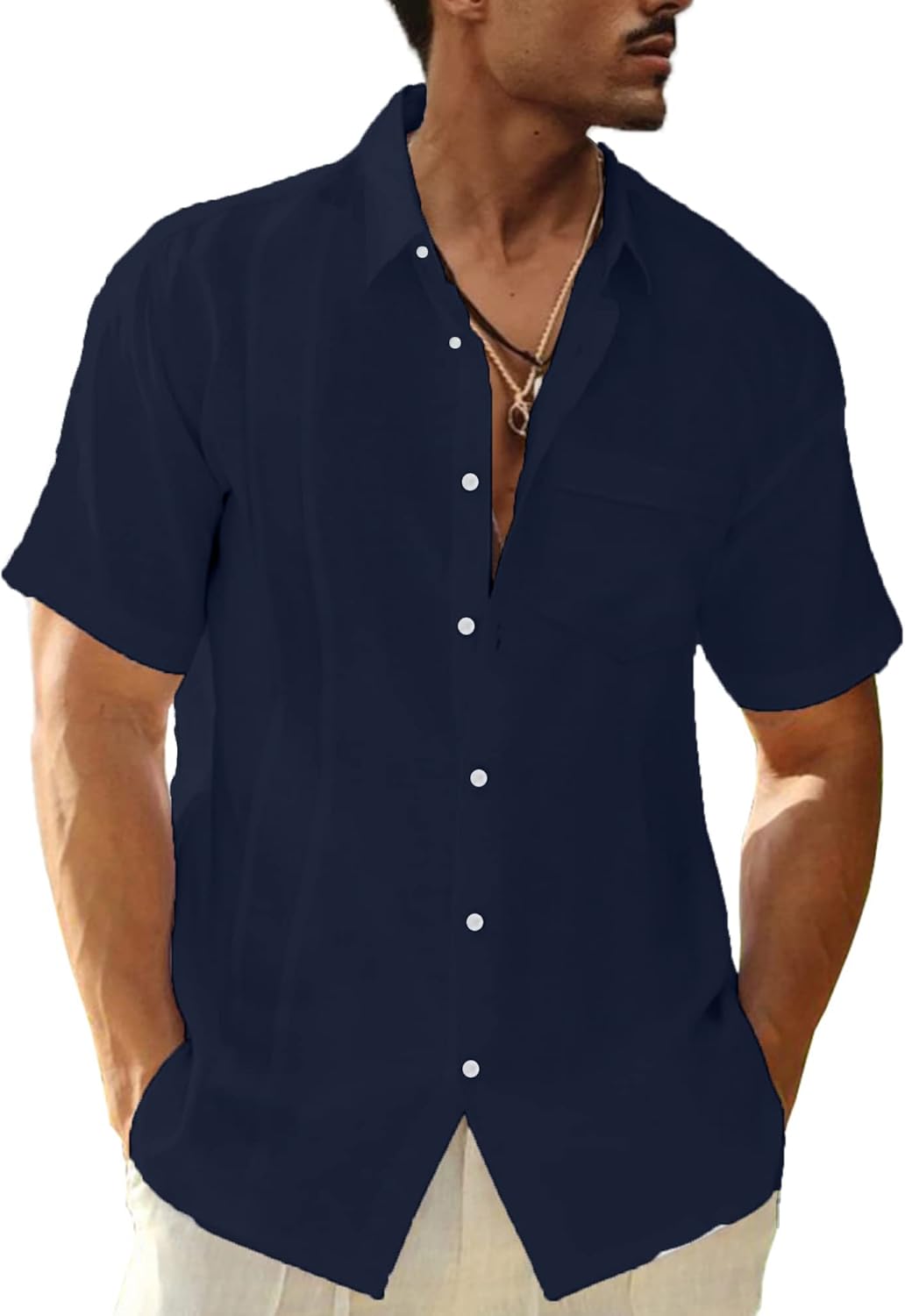 LVCBL Men's Linen Shirt Short Sleeve Summer Shirt Men Casual Shirt with Breast P...