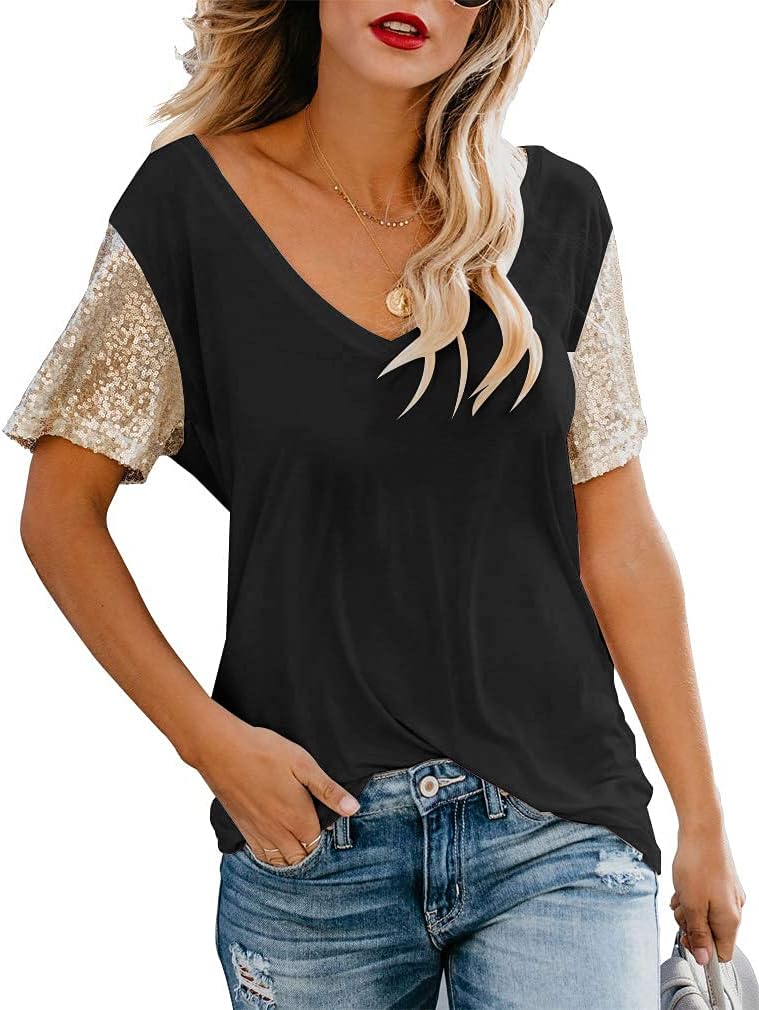 Topstype Women's Sequin Short Sleeve Tee V Neck T Shirts Glitter Sparkles Loose...