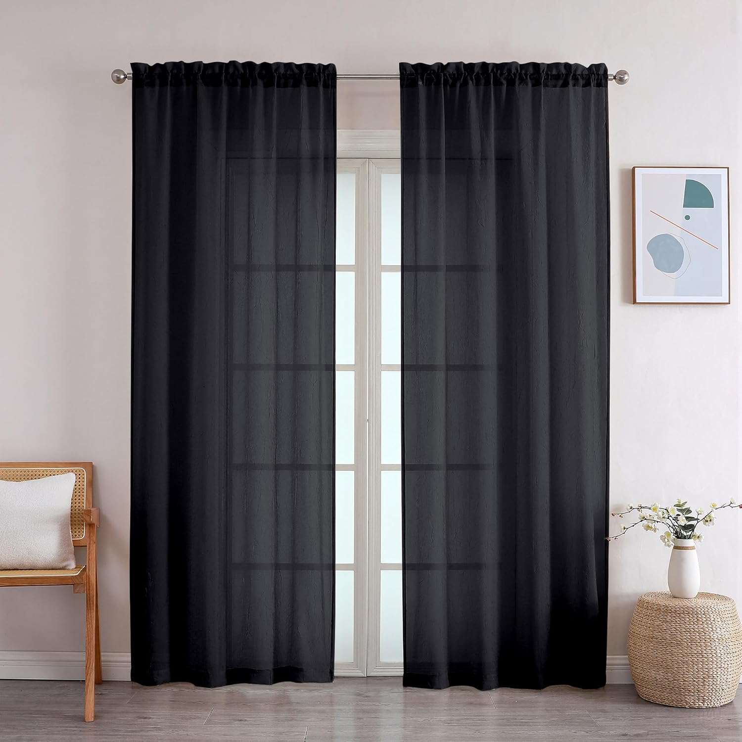OWENIE Crushed Black Sheer Curtains 84 Inch Length 2 Panels Set for Living Room/...