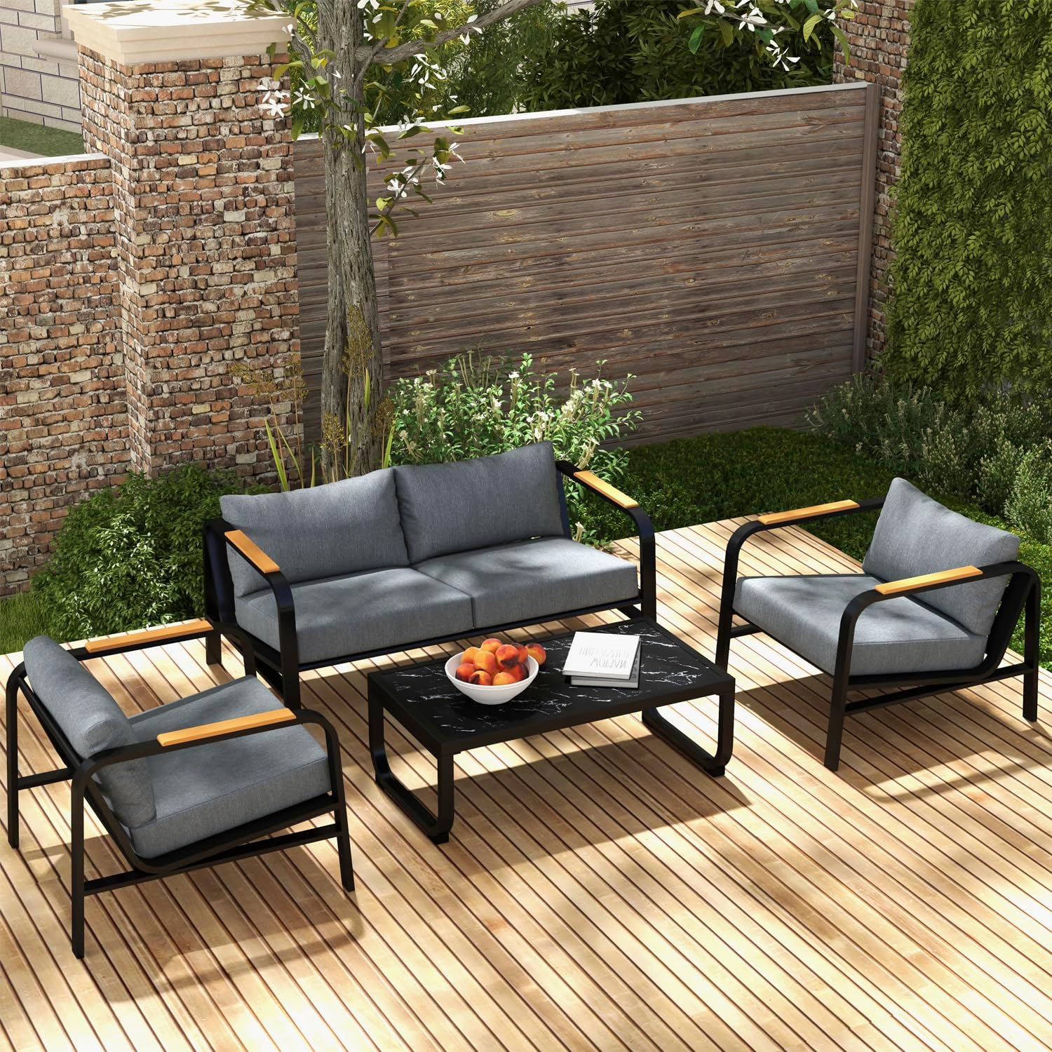 Metal Patio Furniture Set, 4 Pieces Modern Outdoor Conversation Set, Patio Set w...