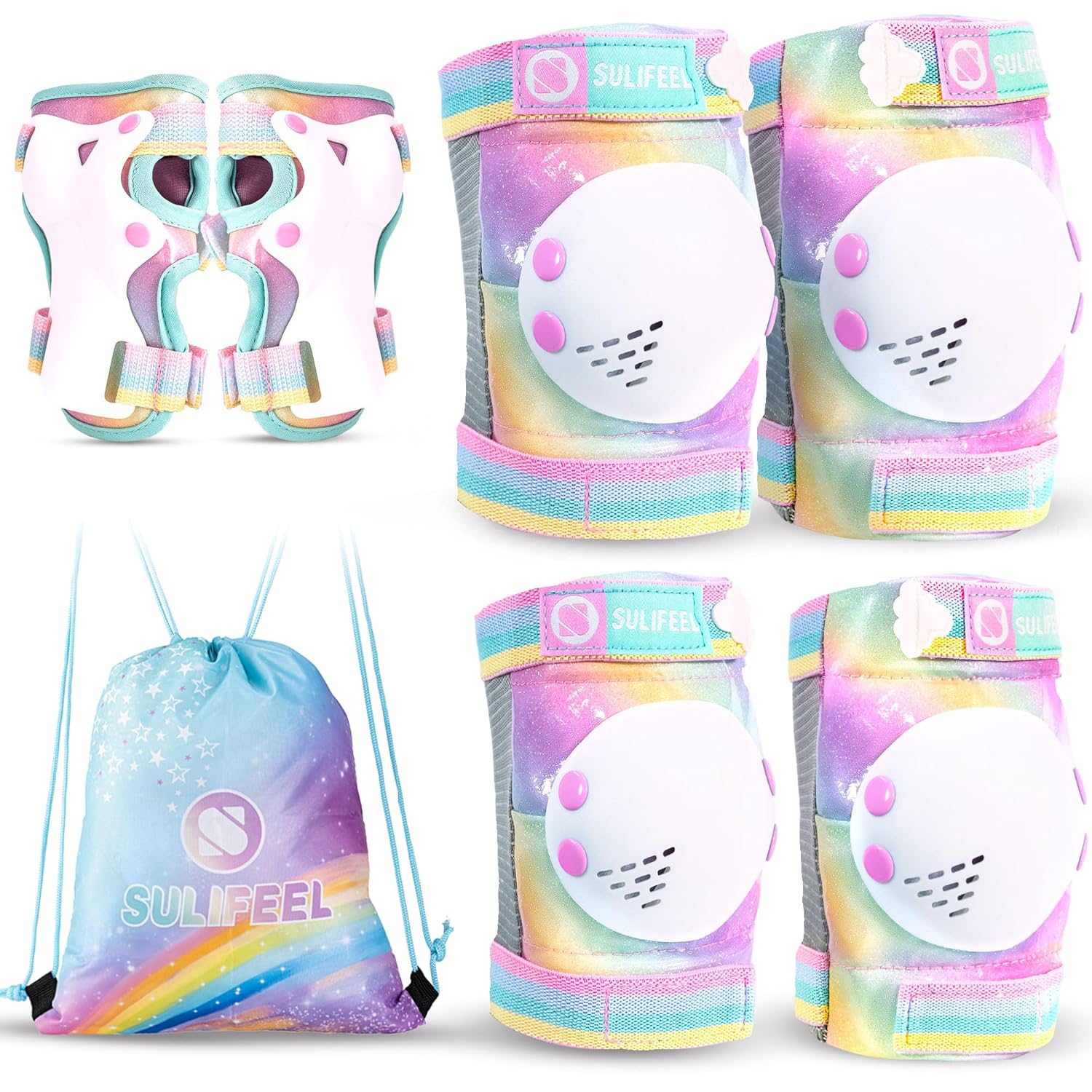 SULIFEEL Rainbow Unicorn Knee Pads for Kids Knee Elbow Pads Wrist Guards with Dr...