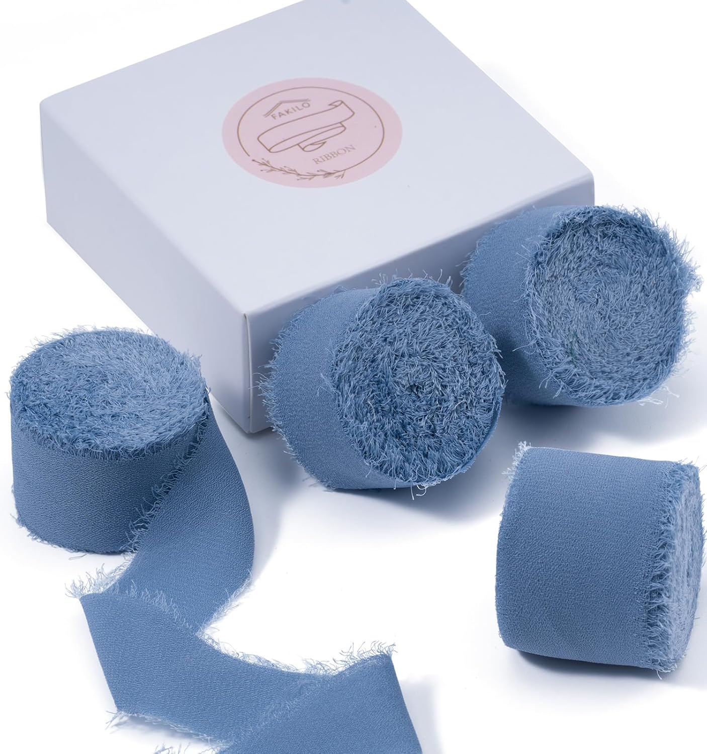 FAKILO Chiffon Ribbon with Handmade Fringe, Dusty Blue Chiffon Ribbon 4 Rolls 1'...