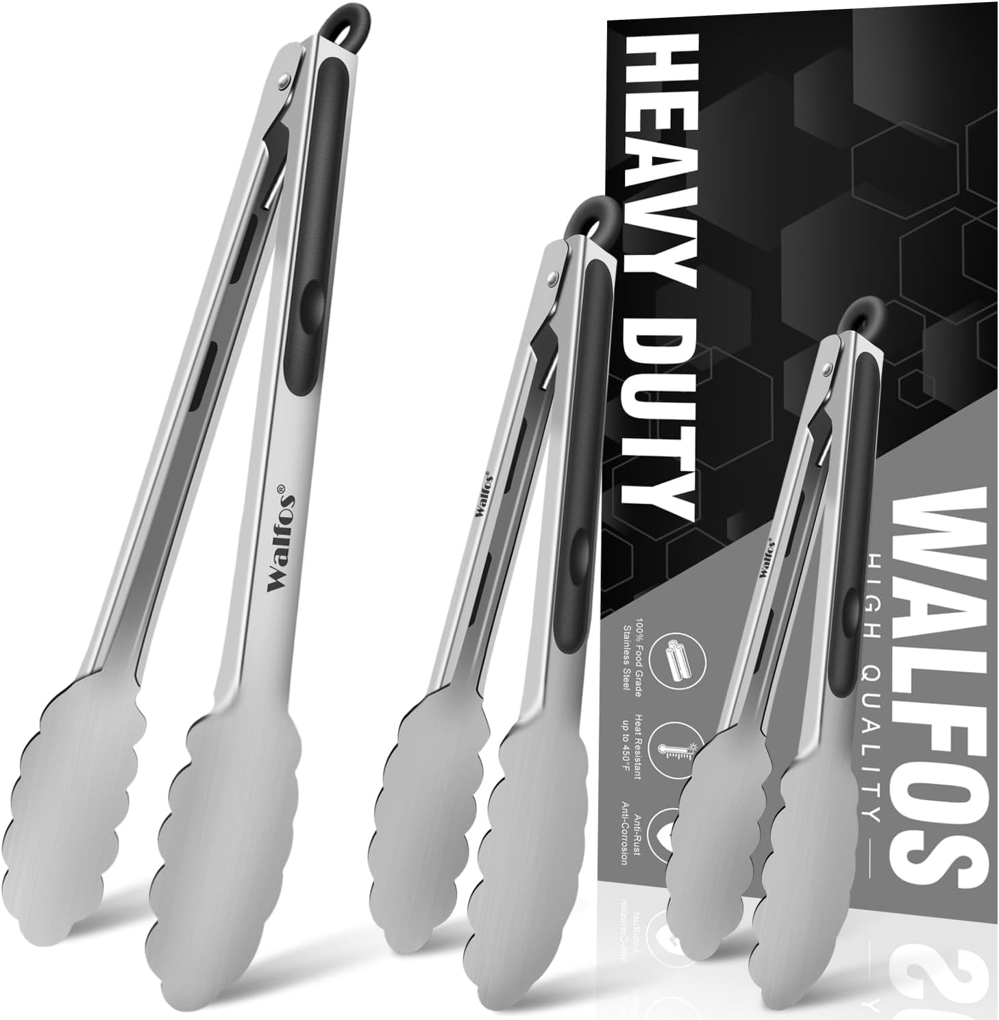 Walfos Kitchen Tongs, Special Food Grade Stainless Steel Tongs for Cooking & BBQ...
