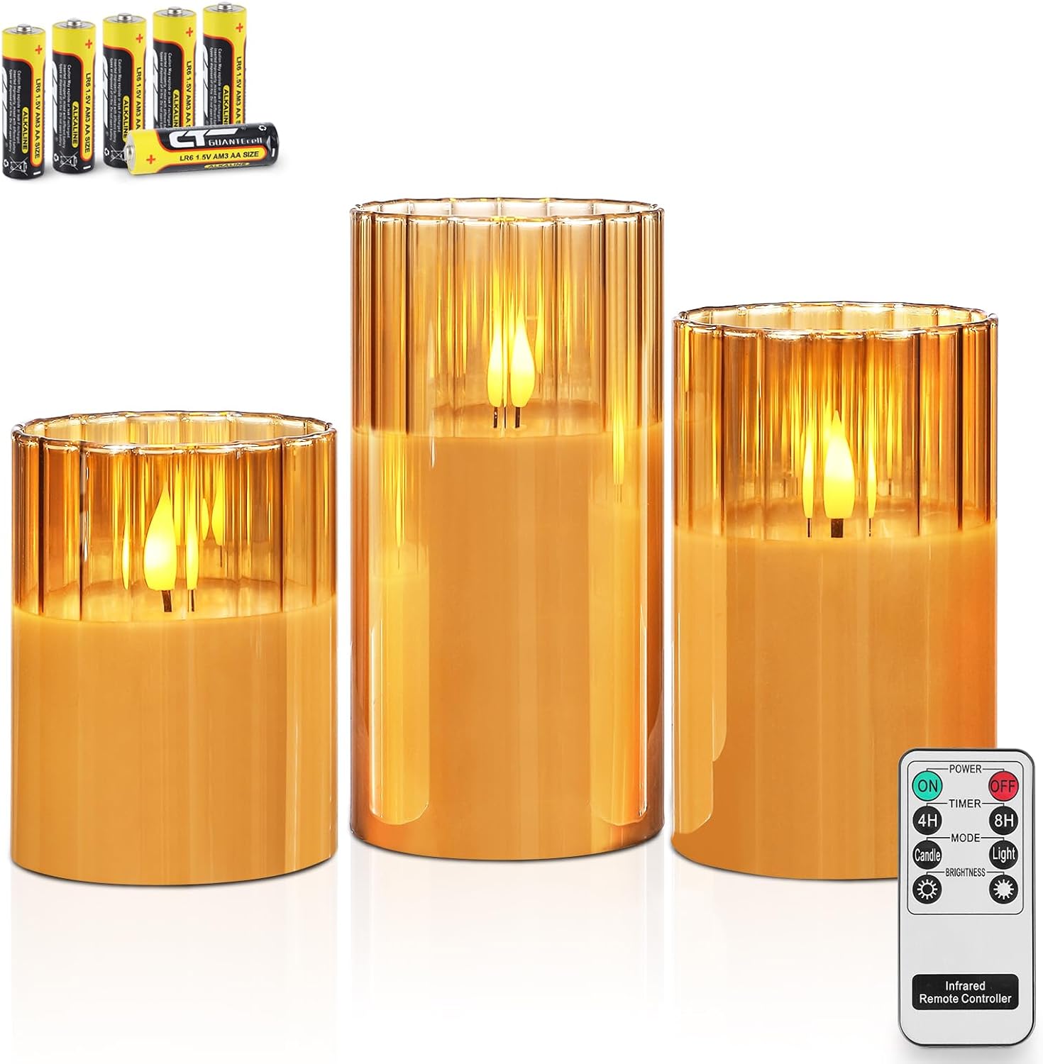 Rhytsing Gold Ribbed Glass, Special Battery Operated LED Candles with Remote, In...
