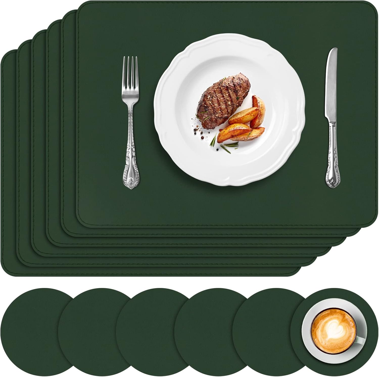 APLKER Placemats and Coasters Set of 6, Heat Insulation PU Leather Table Mats Wa...
