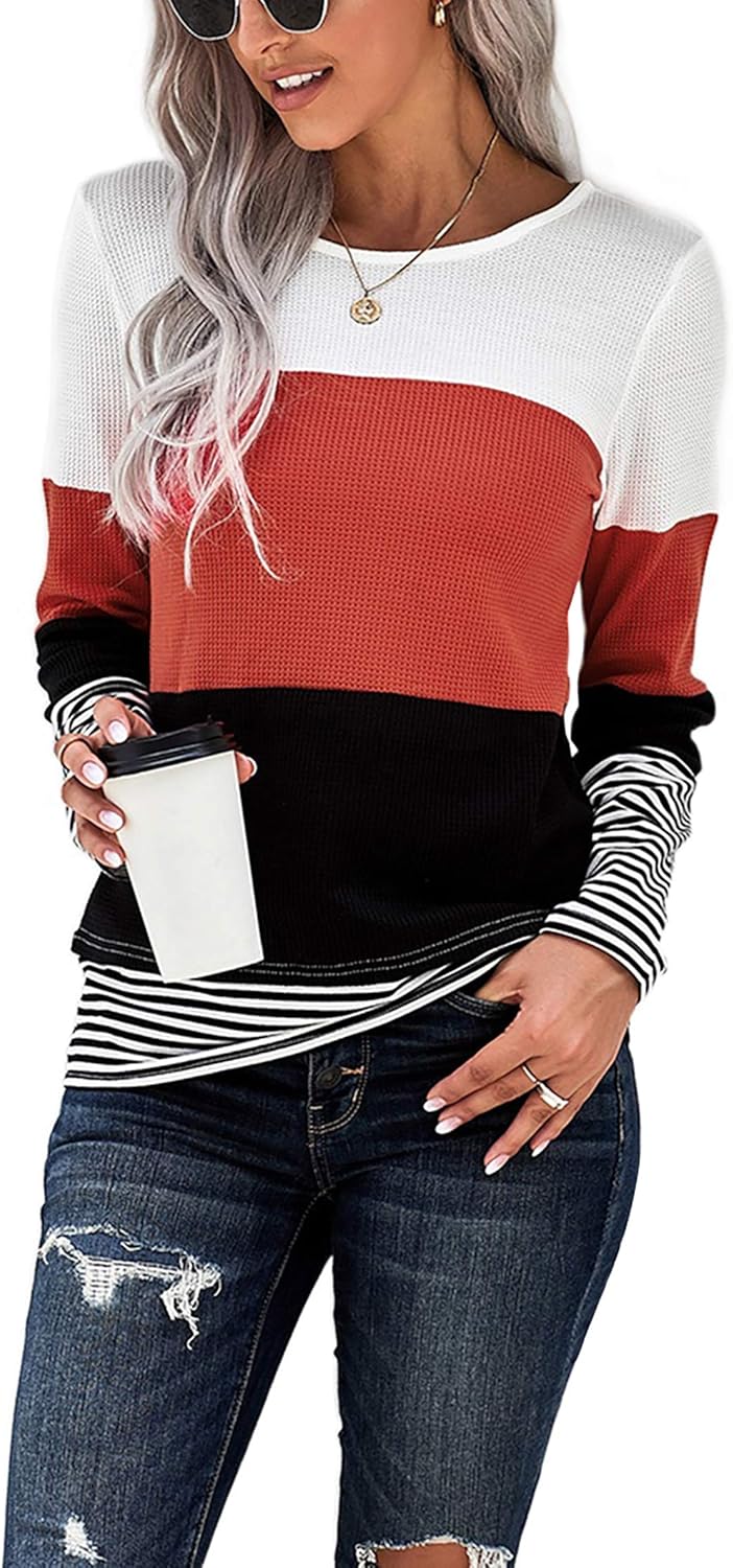 SMENG Ladies Long Sleeve Shirts Women Striped Crewneck Pullover Tunic Patchwork...