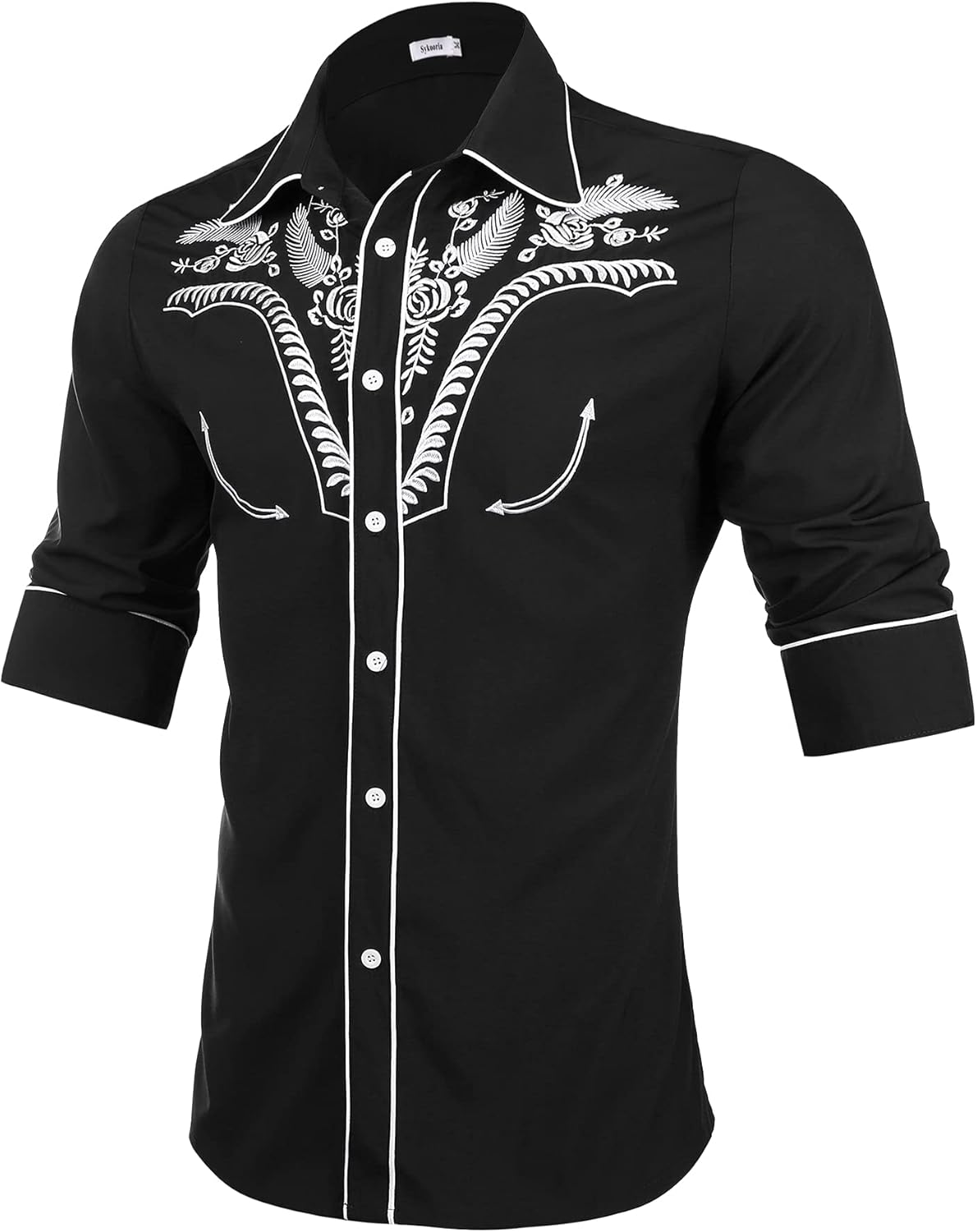 Sykooria Men's Shirts Long Sleeve Casual Vintage Floral Embroidery Button Down W...