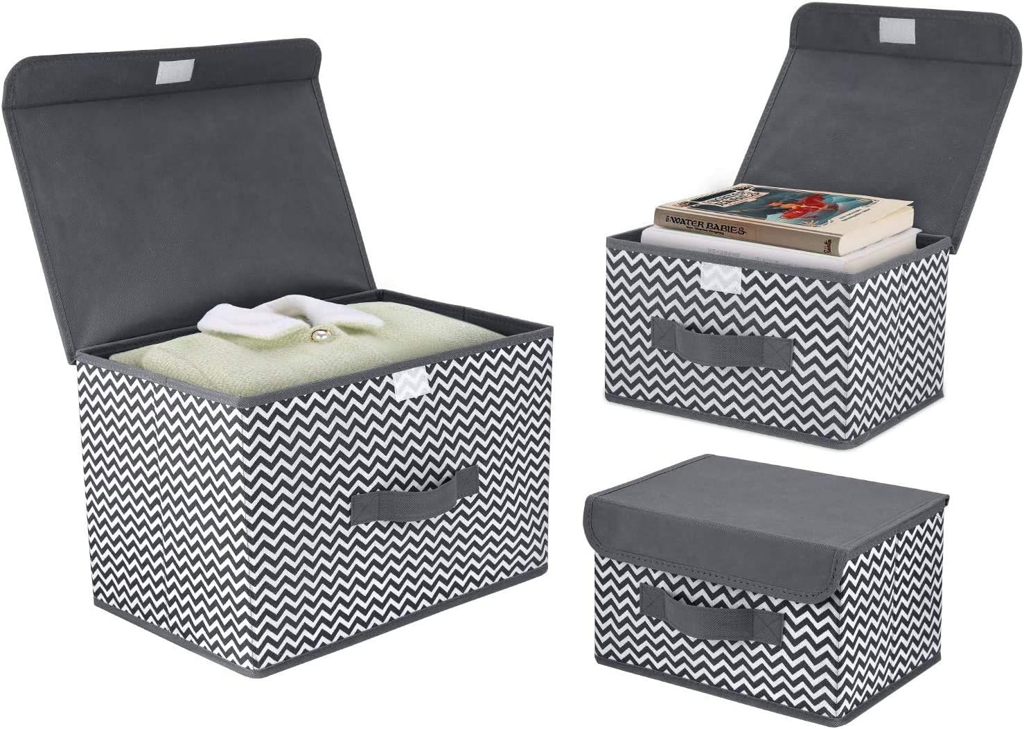 DIMJ 3 Pack Foldable Storage Boxes with Lids Collapsible Bin with Handle Fabric...