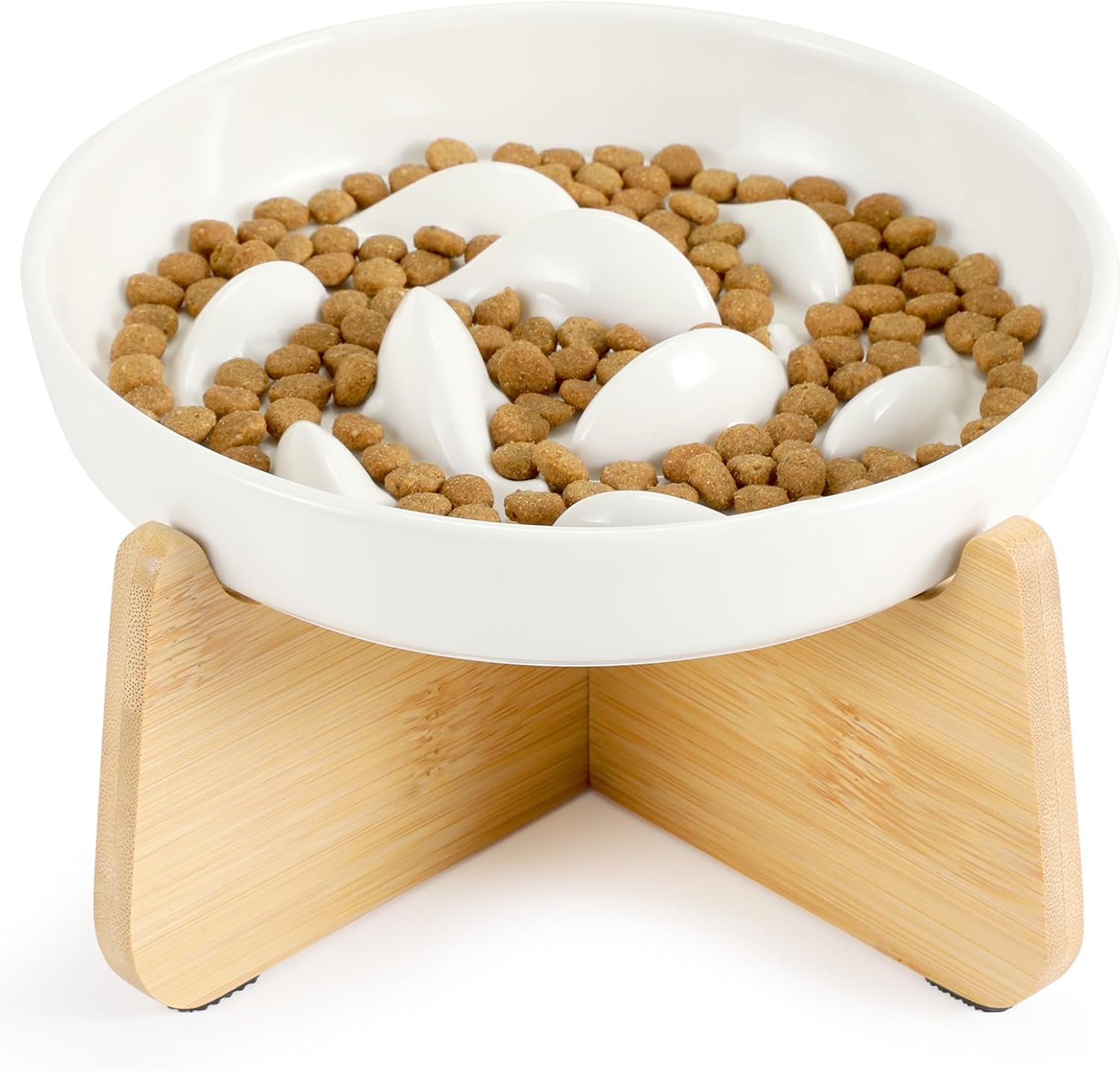PETTOM Slow Feeder Cat Bowl Ceramic with Bamboo Stand, Raised Rim Spill Proof Sl...