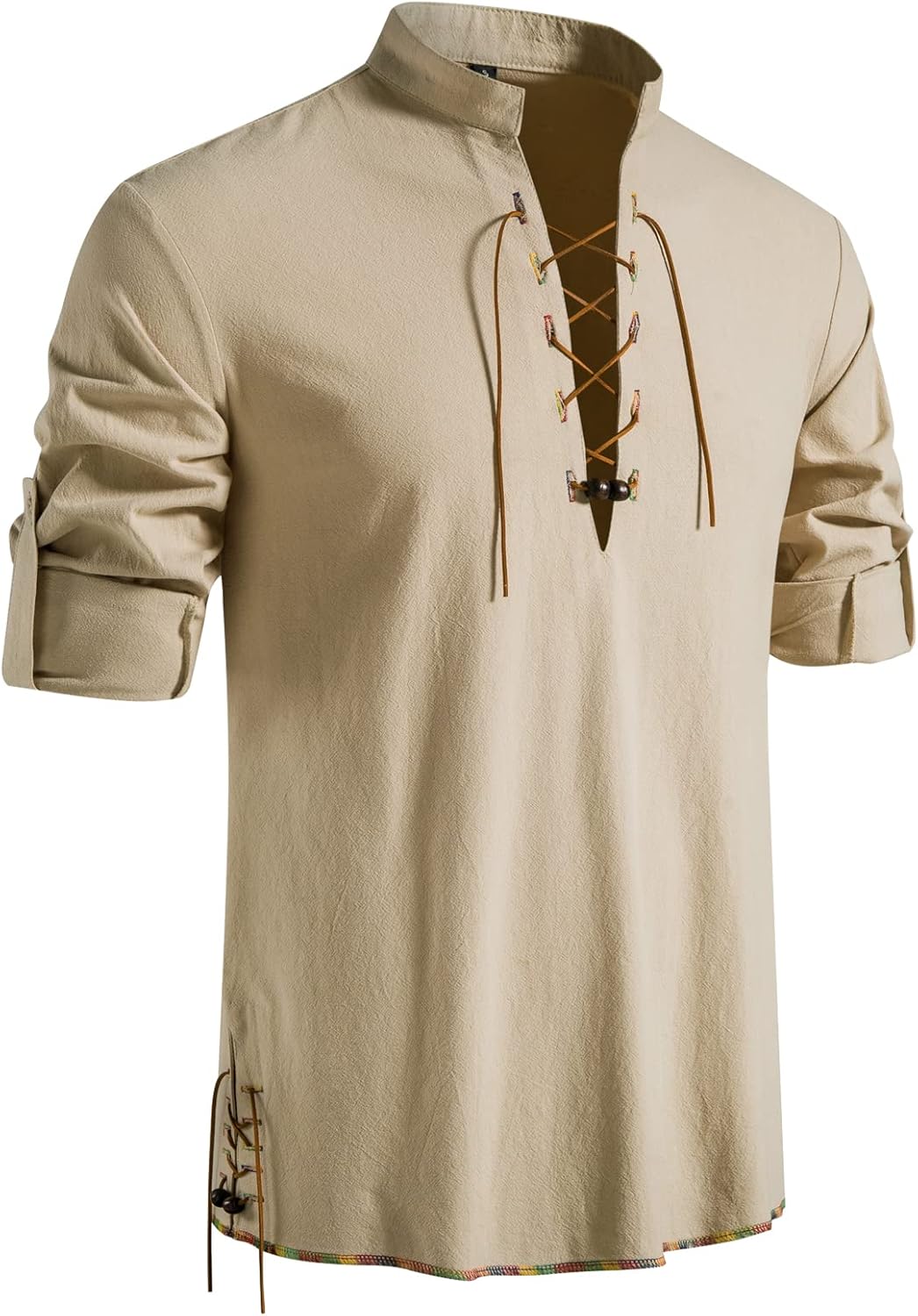 LucMatton Men Classic Lace Up Cotton Shirt Medieval Vintage Costume … Khaki-b M
