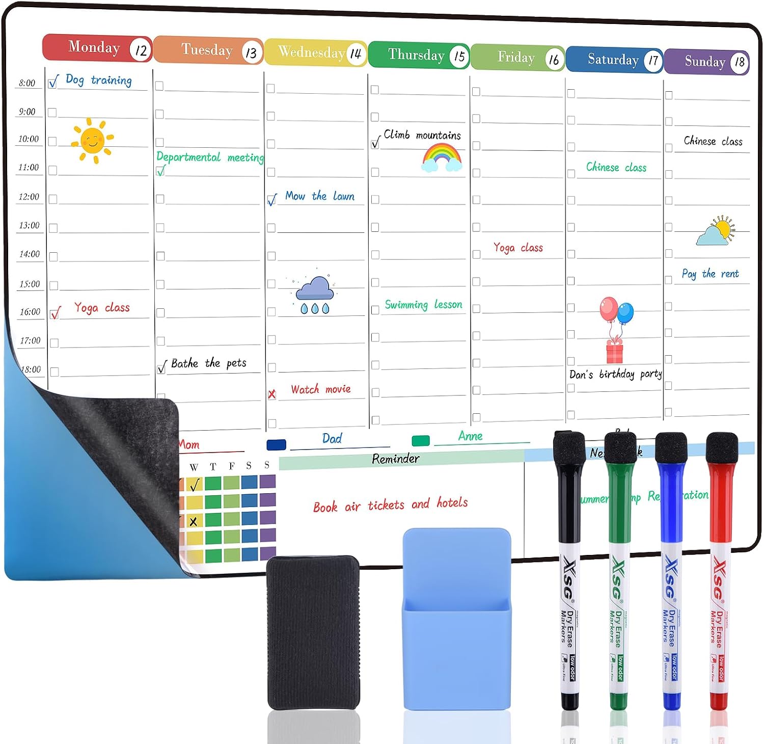 POPRUN Weekly Planner Whiteboard A3 Family Calendar for Wall & Fridge, Self Adhe...