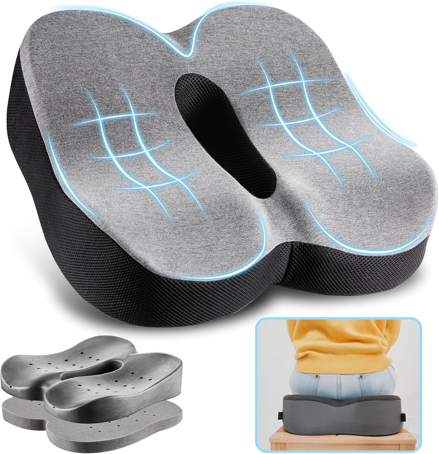 Elviros Seat Chair Cushion for Coccyx Sciatica Back Hip Pain Relief, Adjustable...