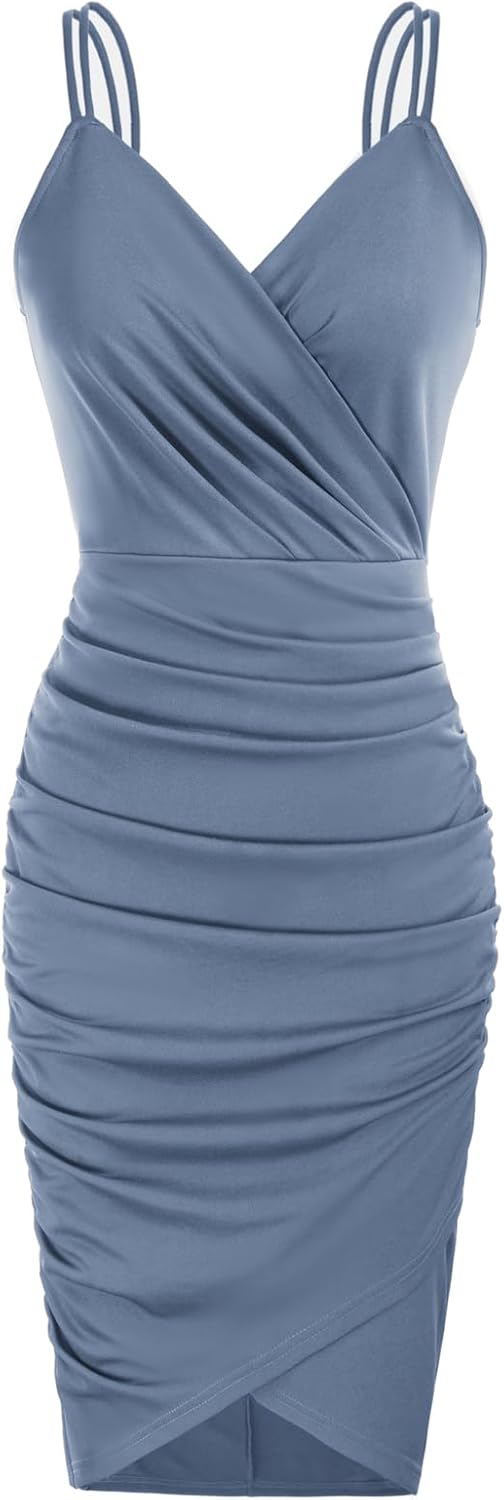 GRACE KARIN Women Summer V-Neck Spaghetti Dress Retro Ruched Mini Bodycon Dance...