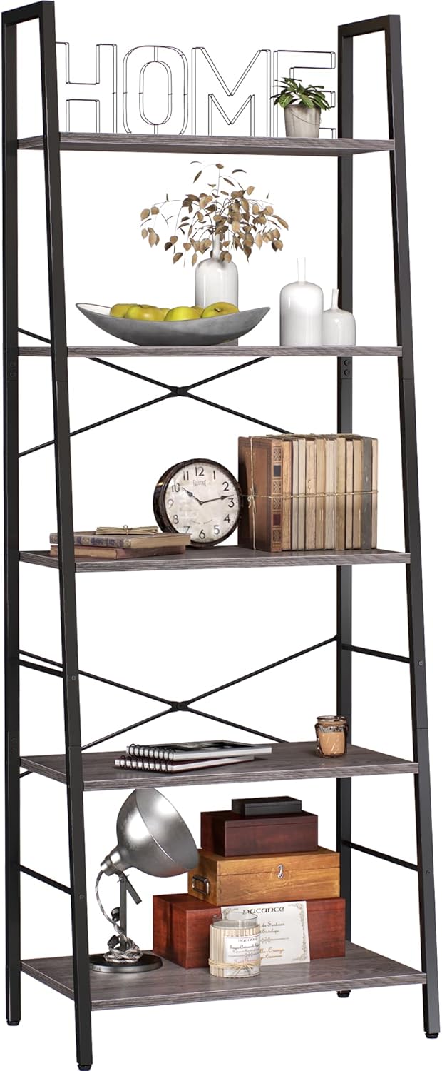Yusong Bookshelf, Ladder Shelf 5-Tier Bookcase for Bedroom, Industrial Book Shel...