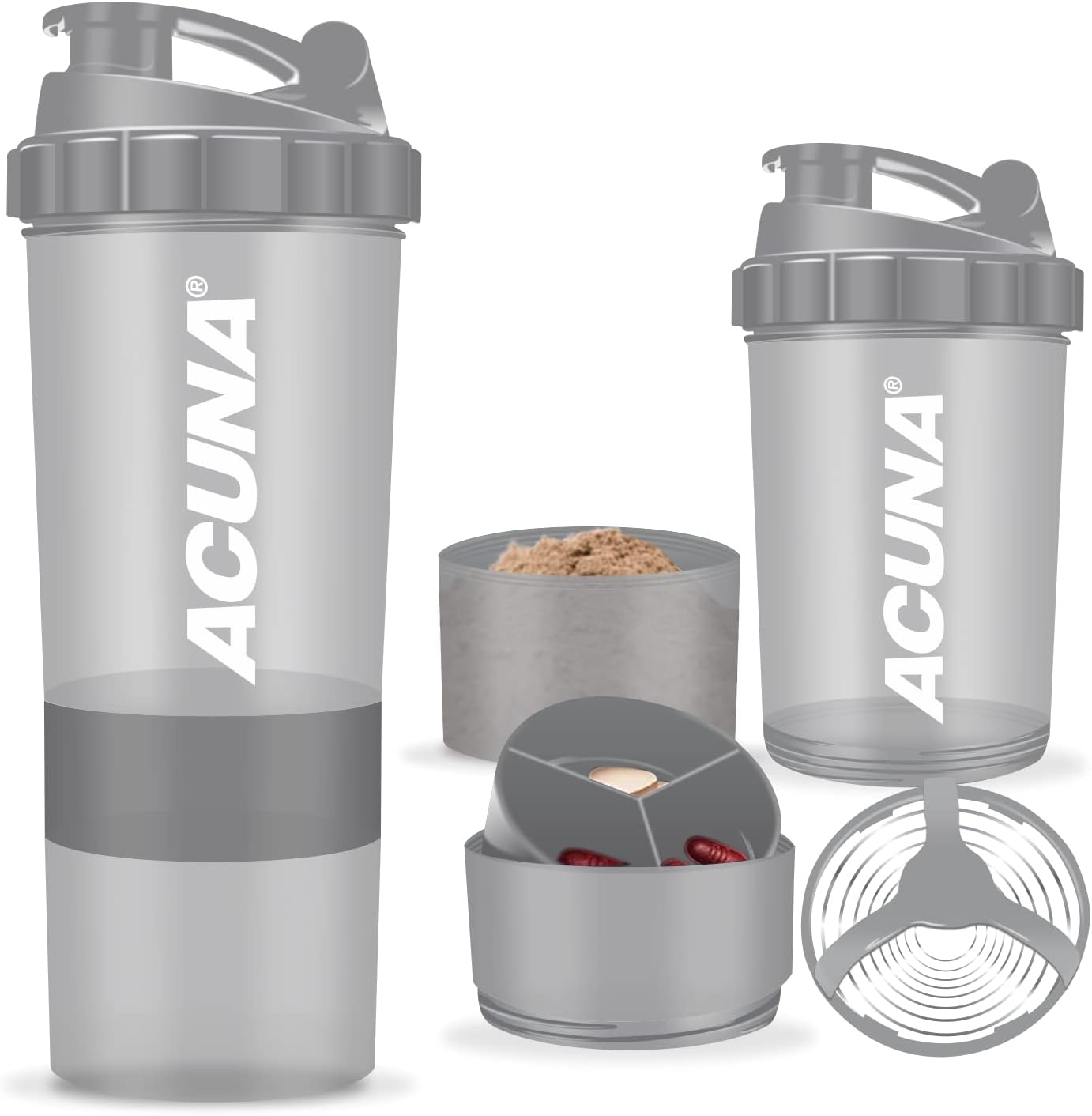 ACUNA Protein Shaker Bottle 600ml- 3 Layered Twist Off Cups For Pill & Supplemen...