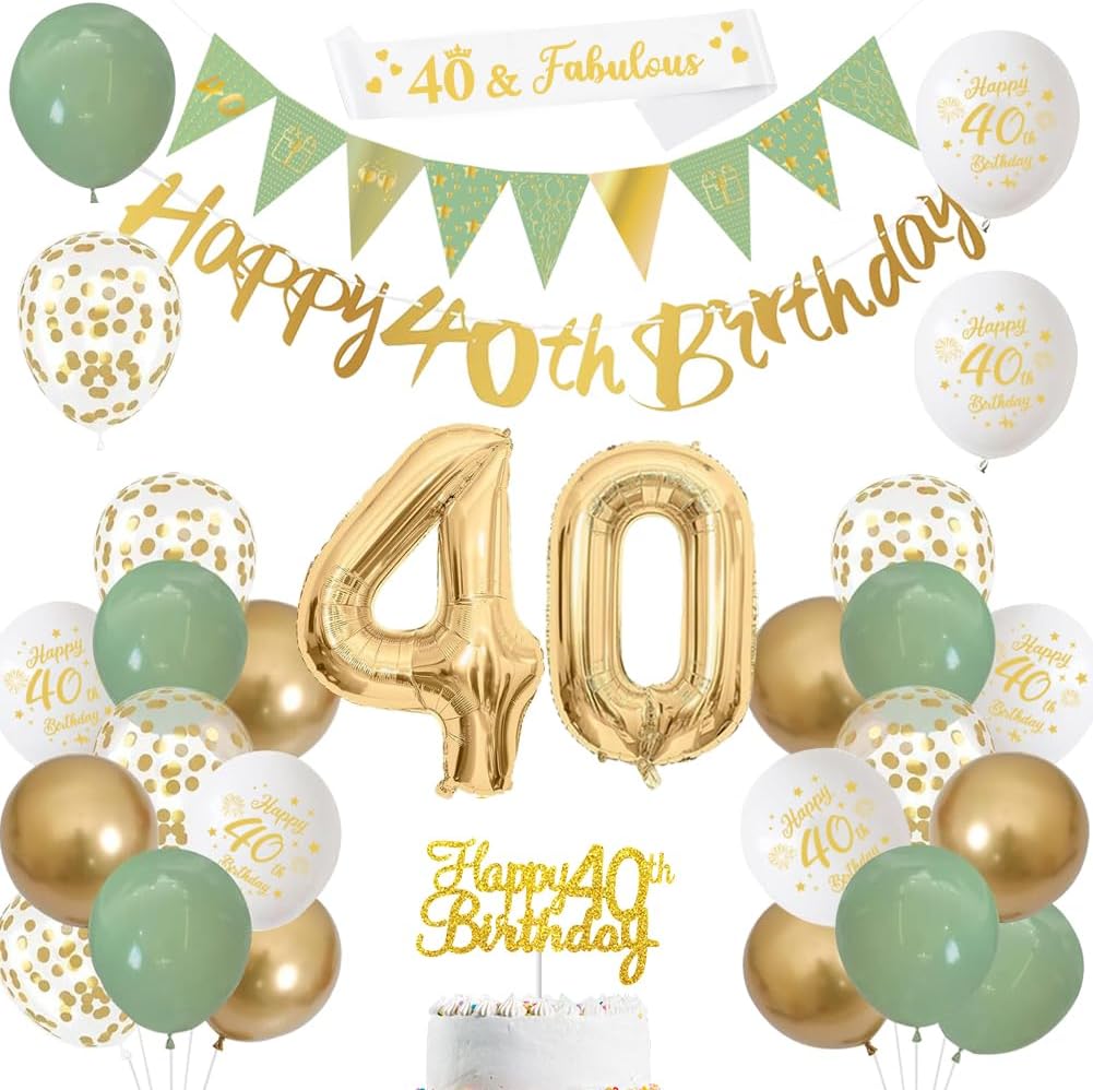 40th Birthday Decorations,Sage Green Gold White 40th Birthday Banners Balloons C...