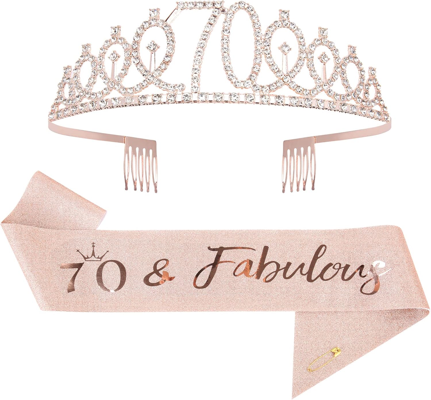 Mikccer Rose Gold 70th Birthday Sash, Special Tiara with Rhinestone Crown Headba...